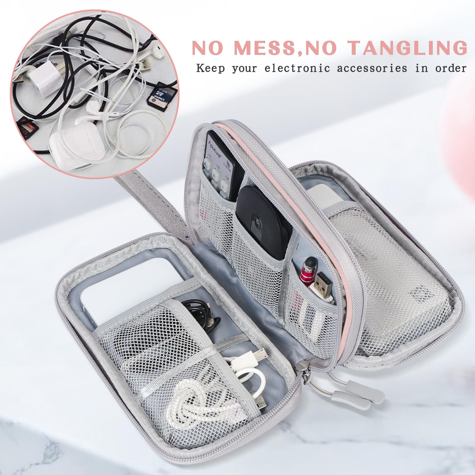 FYY Electronic Organizer Bag - Waterproof Travel Cable Organizer Pouch with Double Layers for Phone, Earphones, Chargers & Cords - Large Size Light Pink | Perfect for Travel, Office & Home Storage