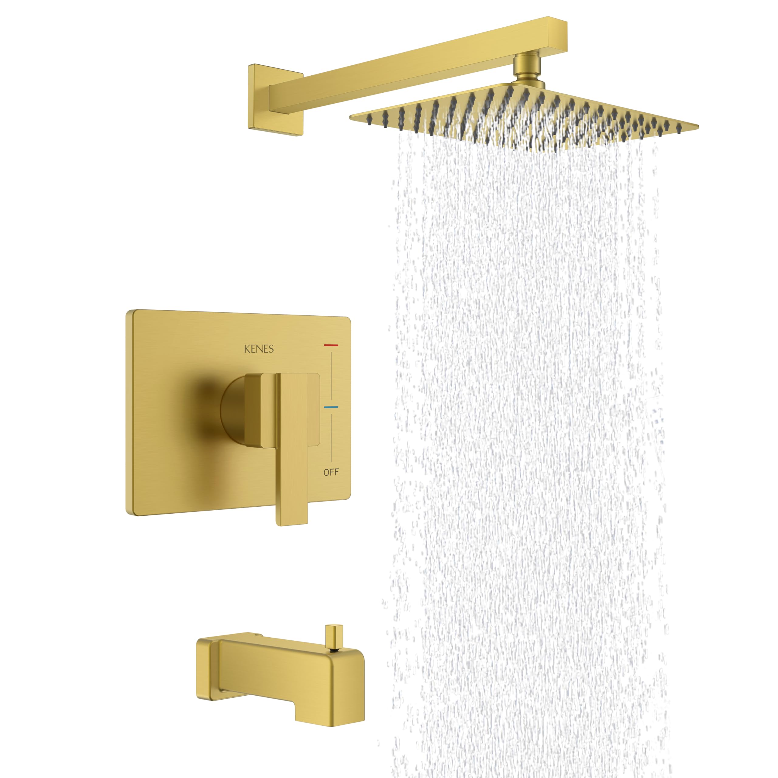 Premium Brushed Gold Shower Faucet Set - Modern Square Tub & Shower Trim Kit with Single-Spray Shower Head & Included Valve (KE-6024A-4) | Perfect for Bathroom Renovation & Luxury Spa Experience