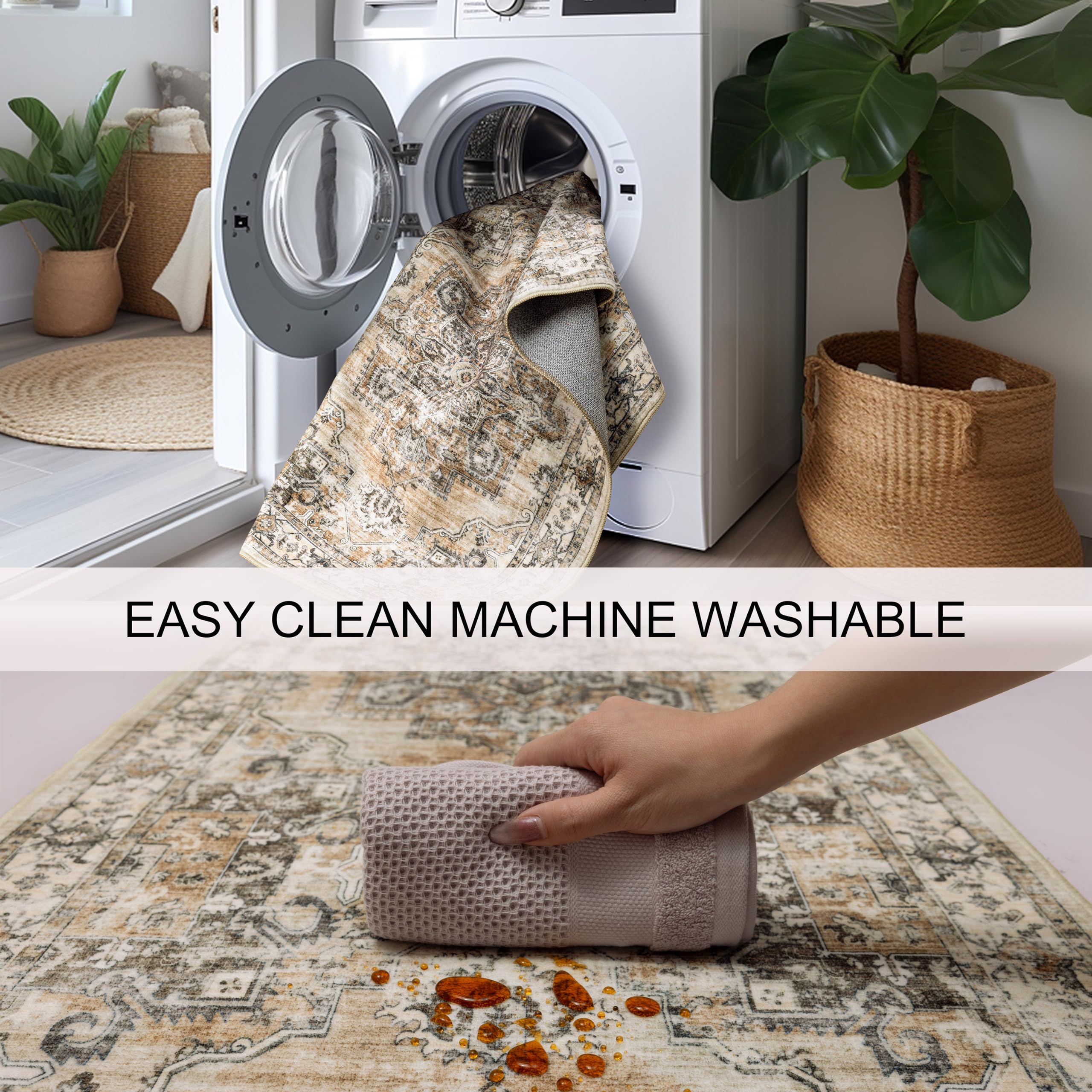 Non-Slip 2x10 Runner Rug - Vintage Farmhouse Hallway Carpet, Washable Kitchen & Entryway Rug in Neutral Brown | Perfect for Bedroom, Living Room & High-Traffic Areas