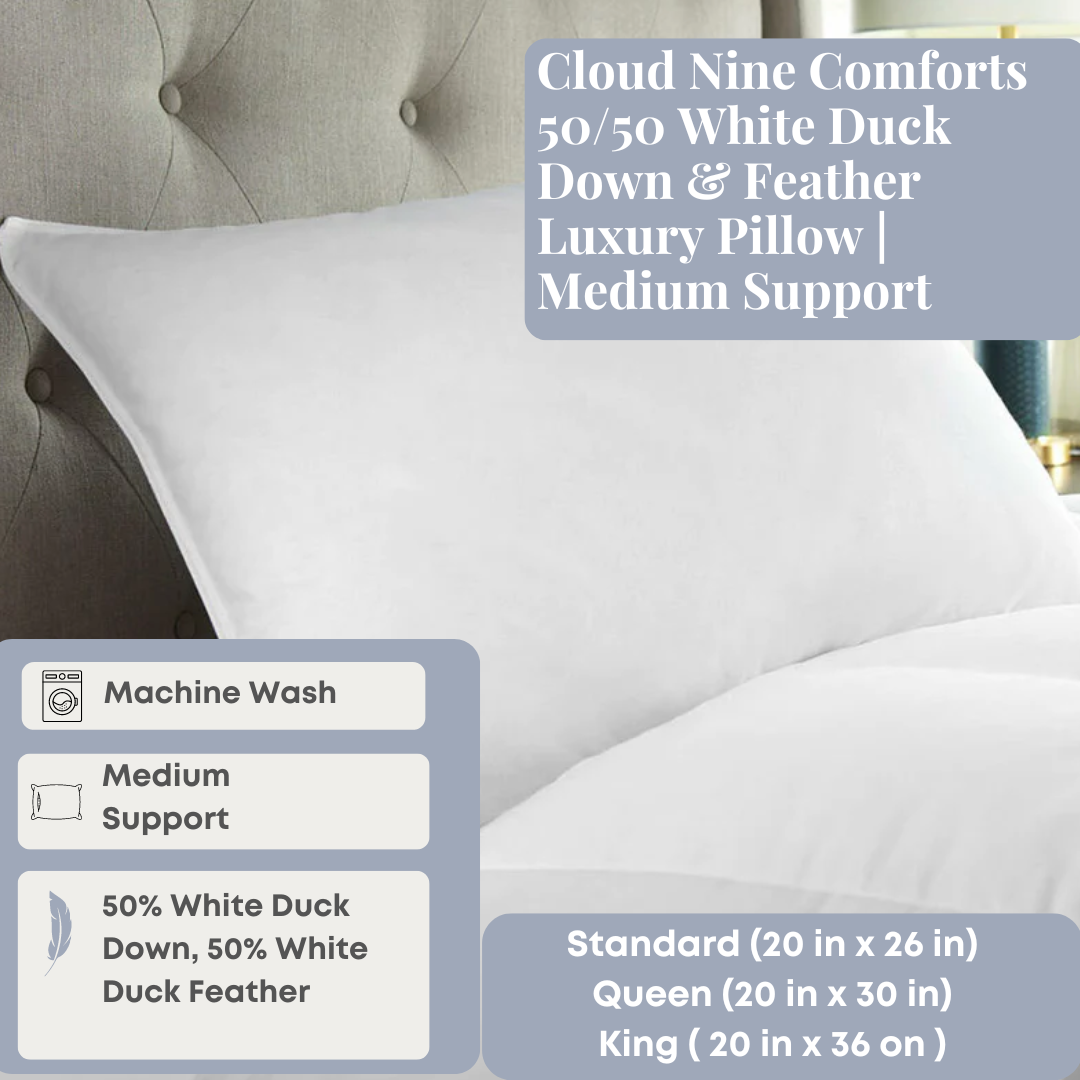 Premium 50/50 White Duck Down & Feather Luxury Pillow - Medium Support for Neck & Back Pain Relief - Perfect for Side Sleepers & Hotel-Style Comfort