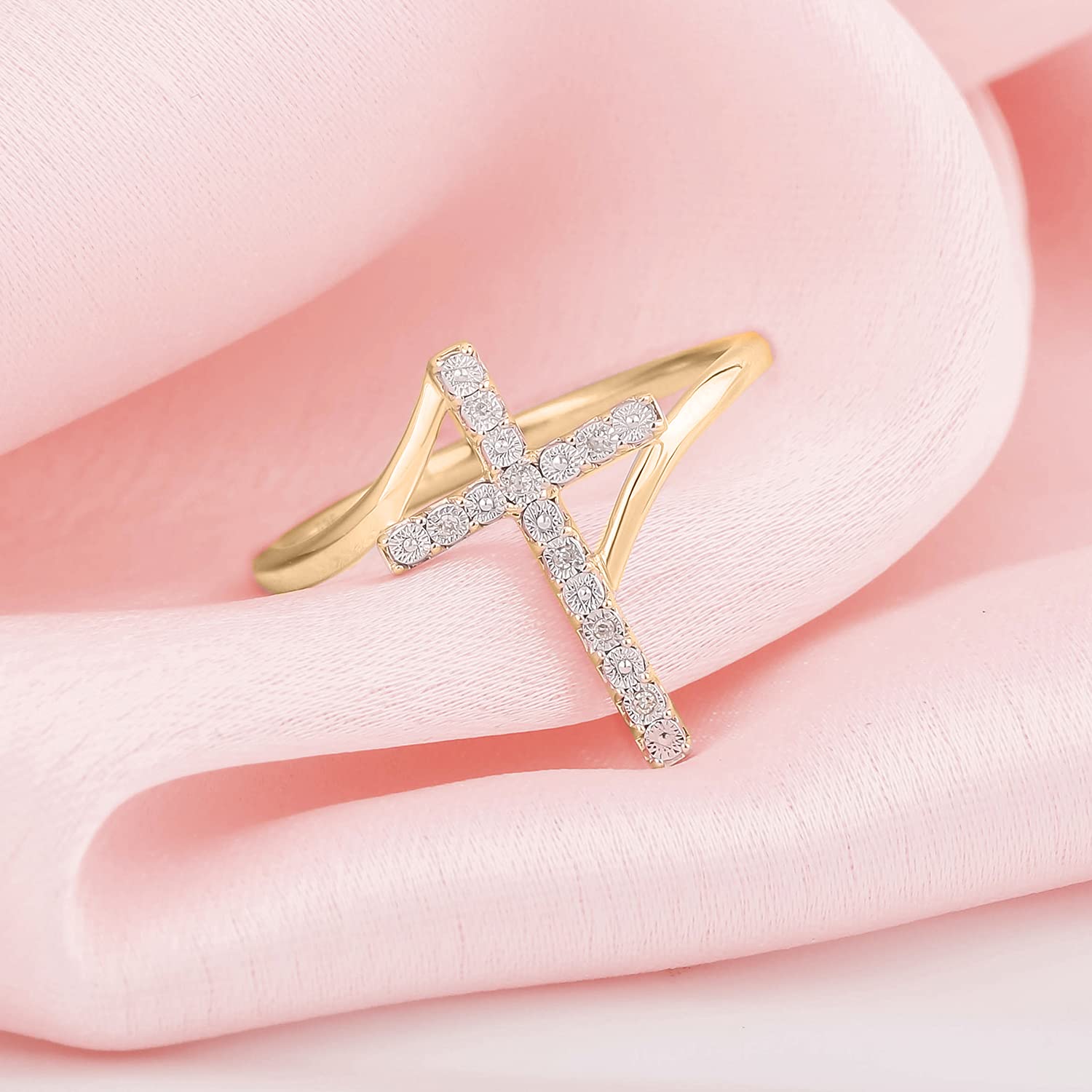 1/20 CT Natural Diamond Cross Ring for Women - Gold Vermeil 925 Sterling Silver Vertical Diamond Accent Ring | Elegant Religious Jewelry Gift for Her in White, Yellow or Rose Gold | Perfect for Church, Weddings & Special Occasions