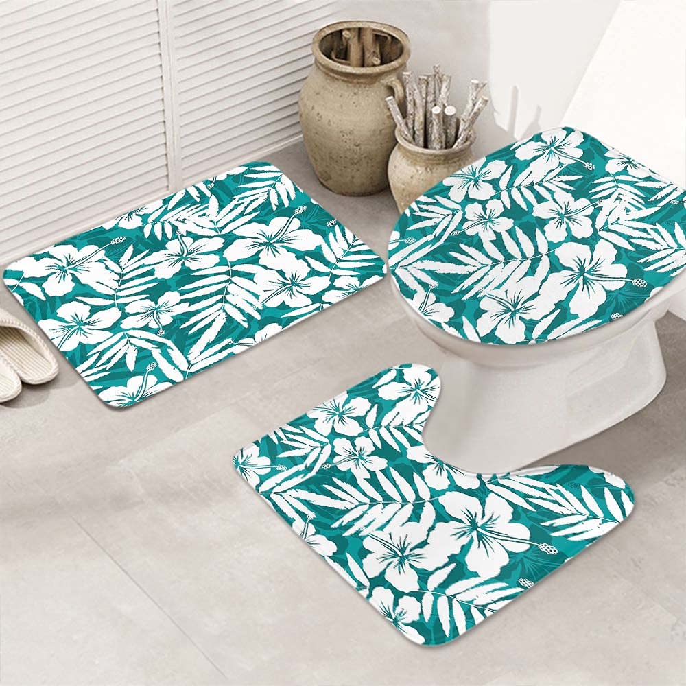 Non-Slip Tropical Bathroom Rug Set - 3 Piece Hibiscus & Palm Leaf Design, Blue & White U-Shaped Contour Mat with Toilet Lid Cover | Perfect for Beach House, Spa Bathroom & Coastal Home Decor