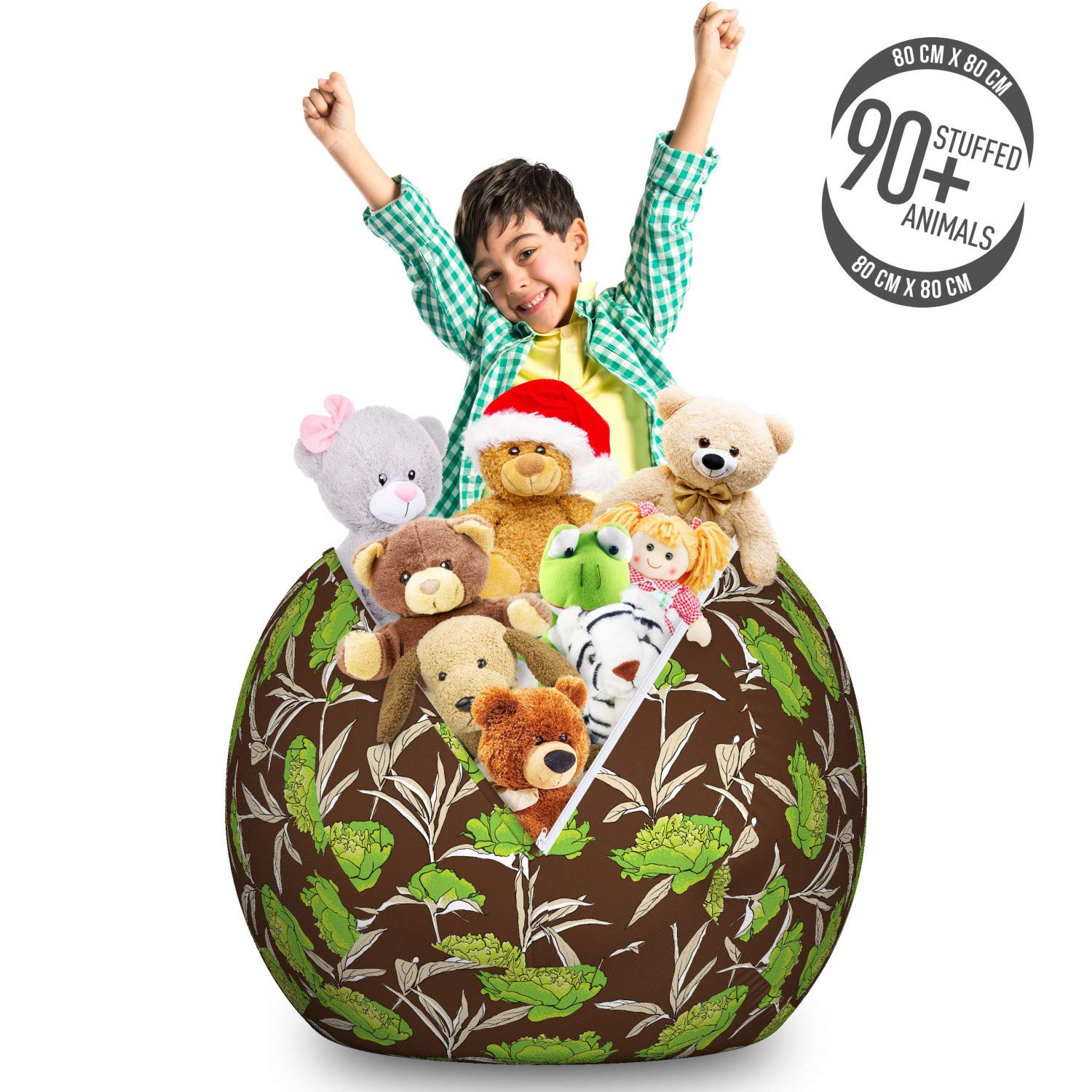 Ambesonne Large Washable Toy Storage Bag Chair - Abstract Floral Pattern with Nostalgic Leaves, Stuffed Animal Organizer in Brown & Lime Green | Perfect for Kids' Room, Nursery, and Playroom Organization
