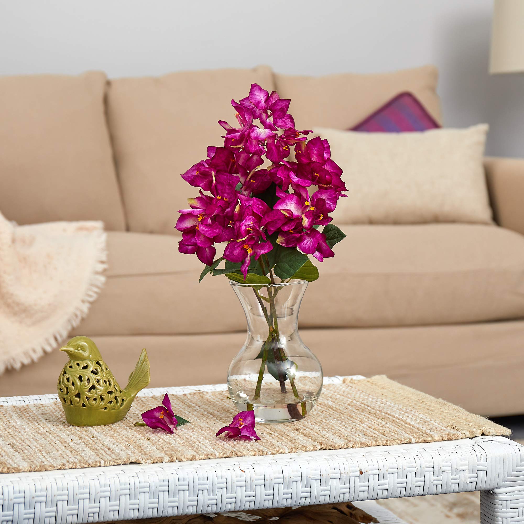 Nearly Natural 17-Inch Purple Bougainvillea Artificial Flower Arrangement in Glass Vase - Perfect for Home Decor, Office Centerpiece & Wedding Table Settings