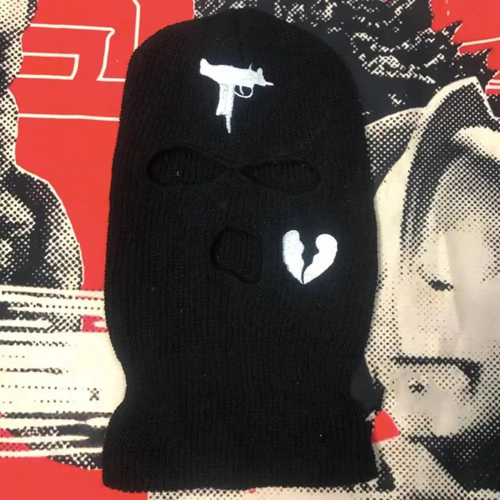 3 Hole Knit Ski Mask Balaclava - Winter Thermal Full Face Cover with Heart Embroidery - Y2K Style Cycling & Skiing Face Mask for Cold Weather Protection - Perfect for Snowboarding, Motorcycling & Outdoor Winter Sports