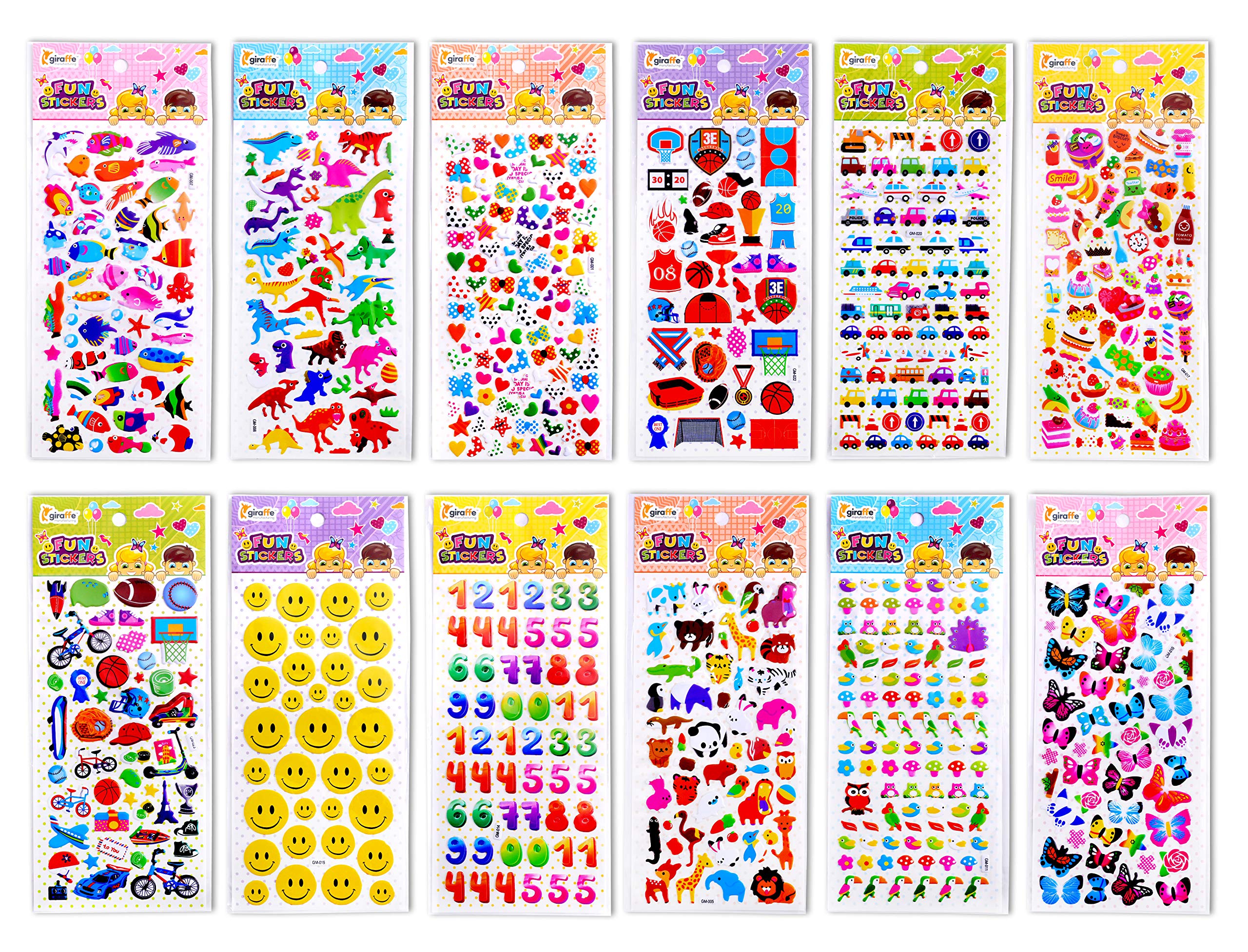 Giraffe Manufacturing 3D Puffy Stickers for Kids - Bulk Pack of 1650 Small Stickers Featuring Cars, Animals & More - Perfect for Scrapbooking, DIY Crafts & Classroom Activities | Fun Educational Stickers for Toddlers & Preschoolers