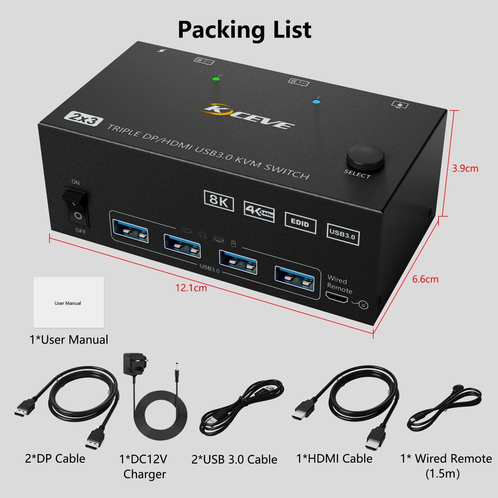 YOUTINGHDAV 3 Monitor KVM Switch for 2 Computers - 8K@60Hz 4K@144Hz Triple Display HDMI+DP+DP Switcher with USB 3.0 Hub - Share Keyboard Mouse & 3 Screens Between PCs (Includes Cables) - Ideal for Home Office, Gaming Setup, Multi-Tasking Workstations, Video Editing & Stock Trading Stations