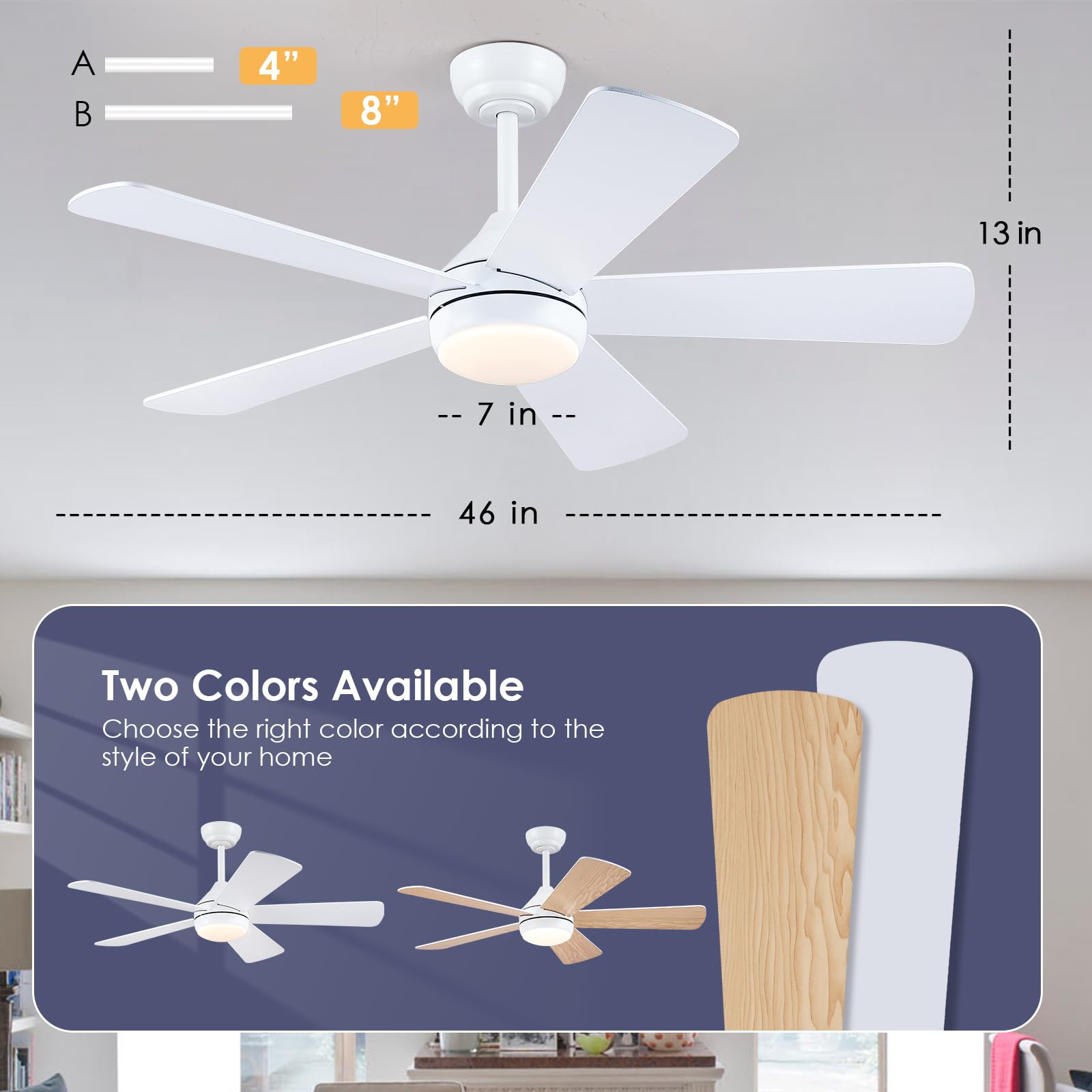 Asyko 46 Inch White Ceiling Fan with Light Kit and Remote/APP Control - Low Profile Flush Mount Indoor Outdoor Ceiling Fan - Reversible DC Motor, 6 Speed Settings, 5 Blades - Modern Ceiling Light Fixture for Bedroom, Living Room, Patio and Covered Porch