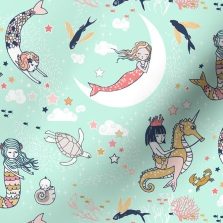 Mermaid Lullaby Mint Navy Coral Gold Printed Minky Fabric Fat Quarter - Soft Plush Fabric for Baby Blankets, Quilt Backing & Sewing Projects - Underwater Theme Nursery Decor