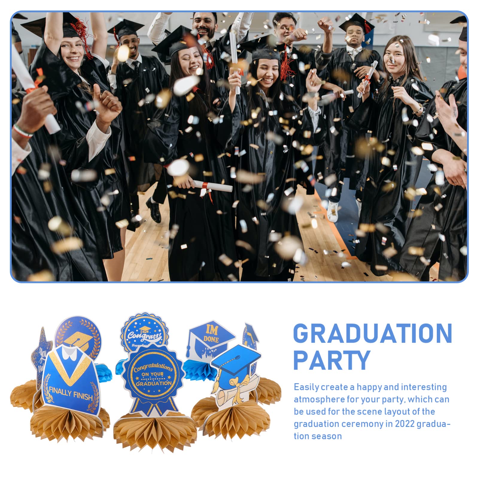 VOSAREA Graduation Honeycomb Decor Set - 2022 Graduation Party Garland with Honeycomb Balls, Paper Graduation Hat & Table Decorations for Graduation Party, Dining Table & Home Celebration