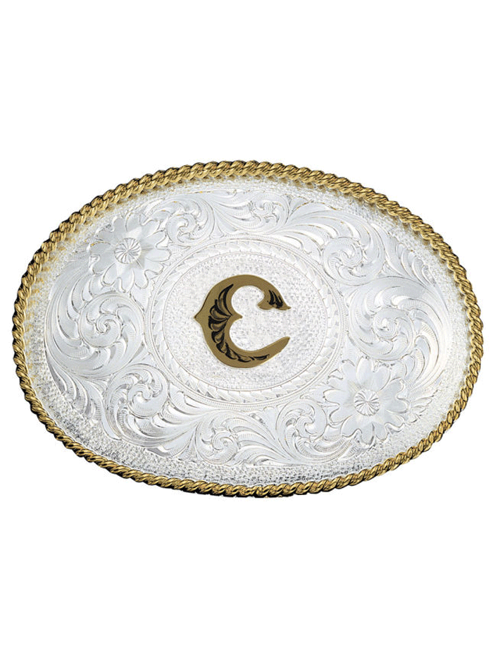 Montana Silversmiths 700 Initial Silver Engraved Gold Trim Western Belt Buckle for Men & Women - Perfect for Cowboy Boots, Jeans & Western Outfits