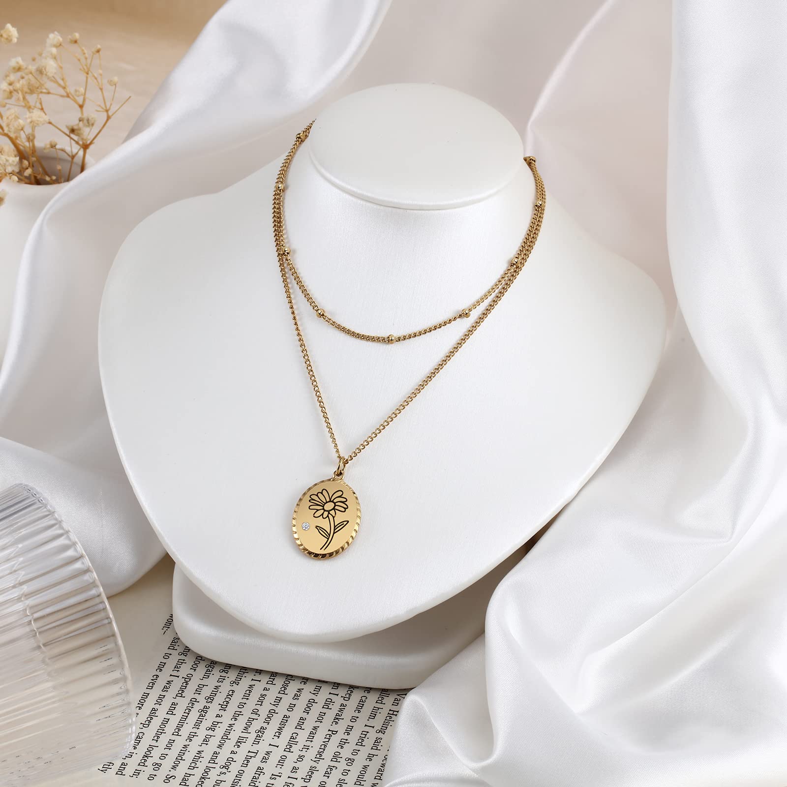 Birth Month Flower Layered Necklace - Gold Choker Necklaces for Women with Custom Birthstone Coin - Personalized Jewelry Gift for Her, Bridesmaids, Birthday, Anniversary | Perfect for Weddings, Parties & Special Occasions