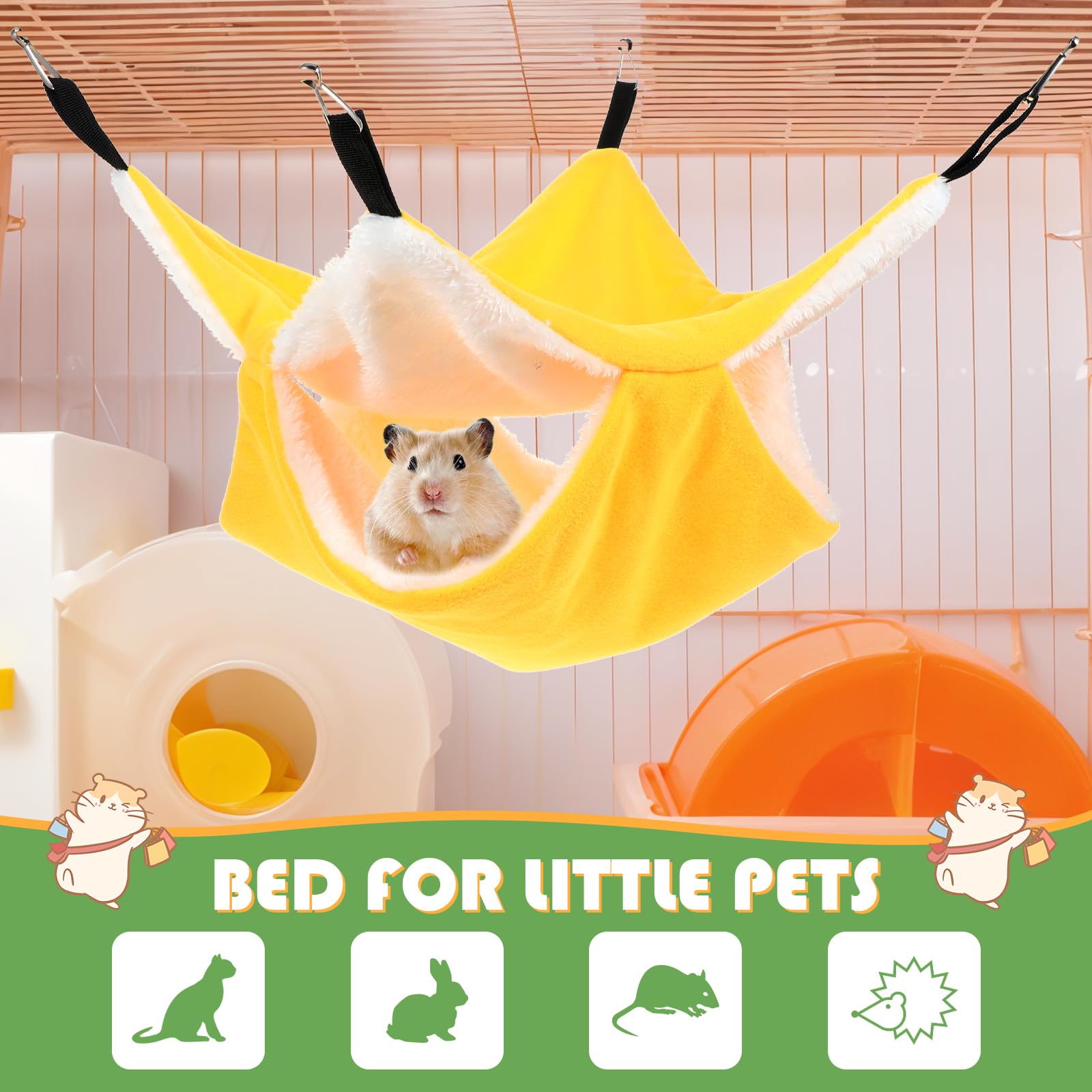 4 Pack Small Animal Hammock for Rats, Ferrets, Guinea Pigs, Squirrels & Chinchillas - Double Layer Hanging Cage Bed for Playing & Sleeping (Green, Blue, Gray, Yellow) - Perfect for Small Pet Cages, Play Areas & Cozy Napping Spots