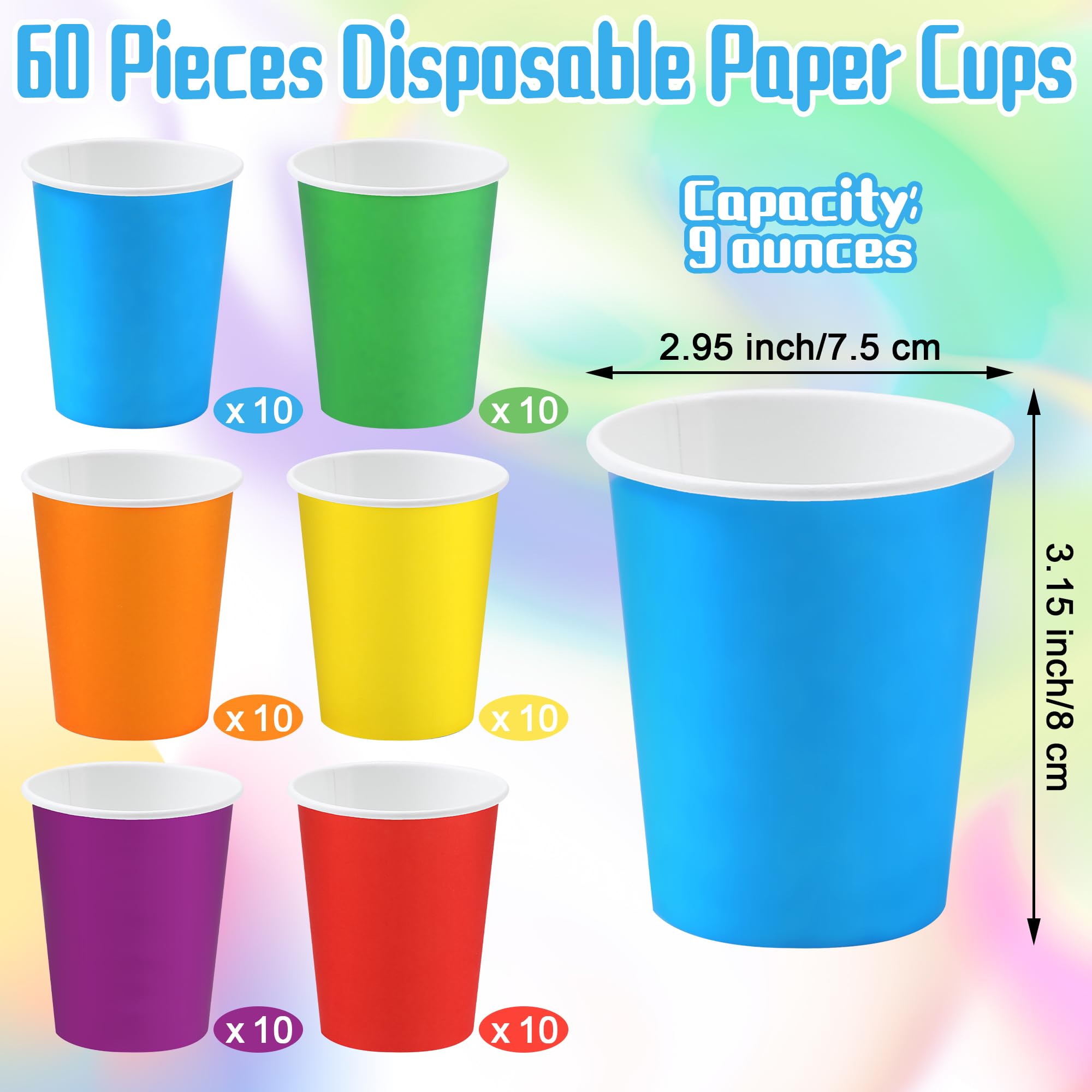 URATOT 60-Pack 9oz Disposable Paper Cups - Colorful Party Drinking Cups for DIY, Holidays & Events - Bulk Paper Cups for Birthday Parties, BBQs, Picnics & Office Gatherings