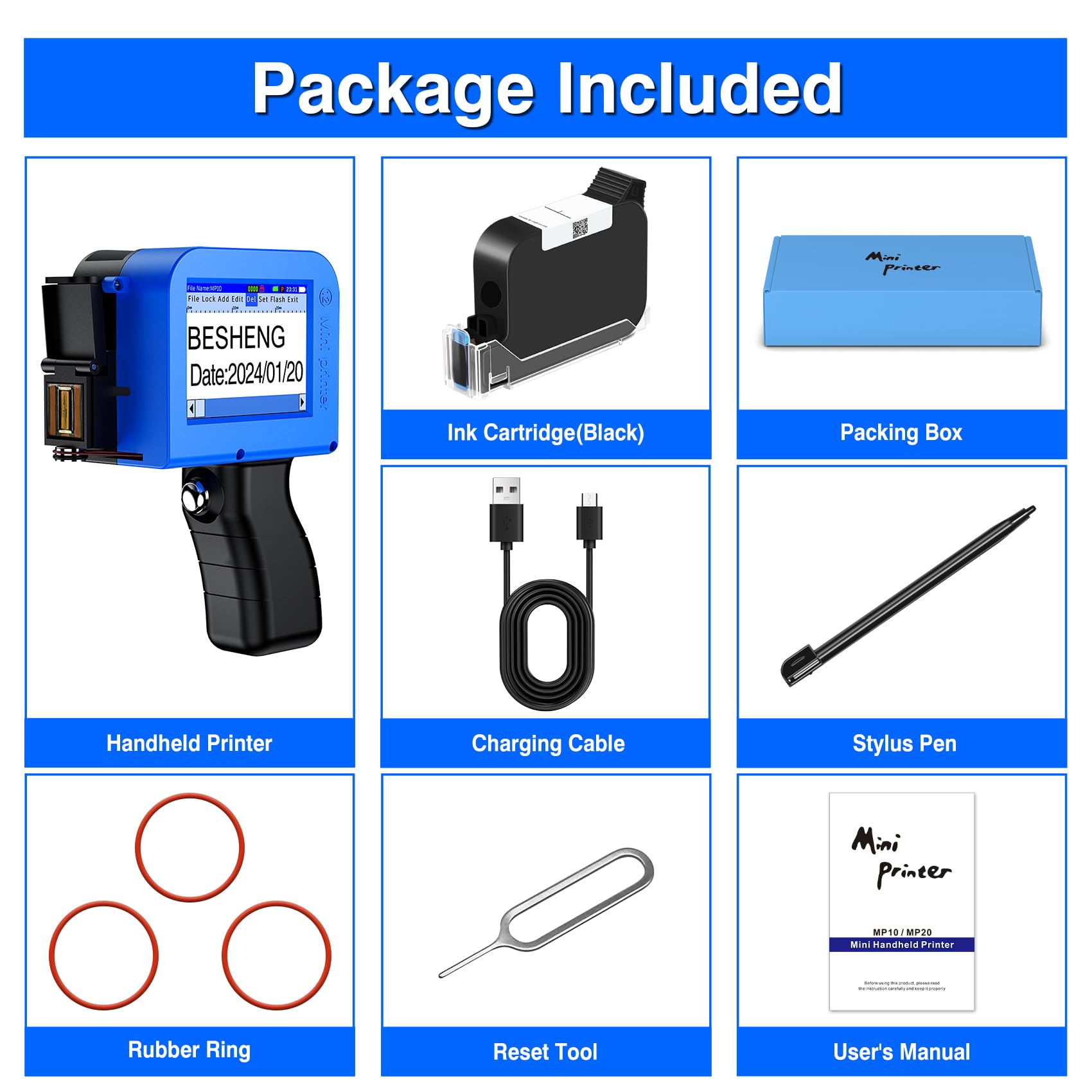 Portable Mini Handheld Inkjet Printer for Date/Batch/QR Code/Barcode - Fast-Drying 42ml Solvent Ink, Works on Any Surface (MP10, 0.5inch) - Ideal for Warehouse Labeling, Product Packaging & Industrial Marking