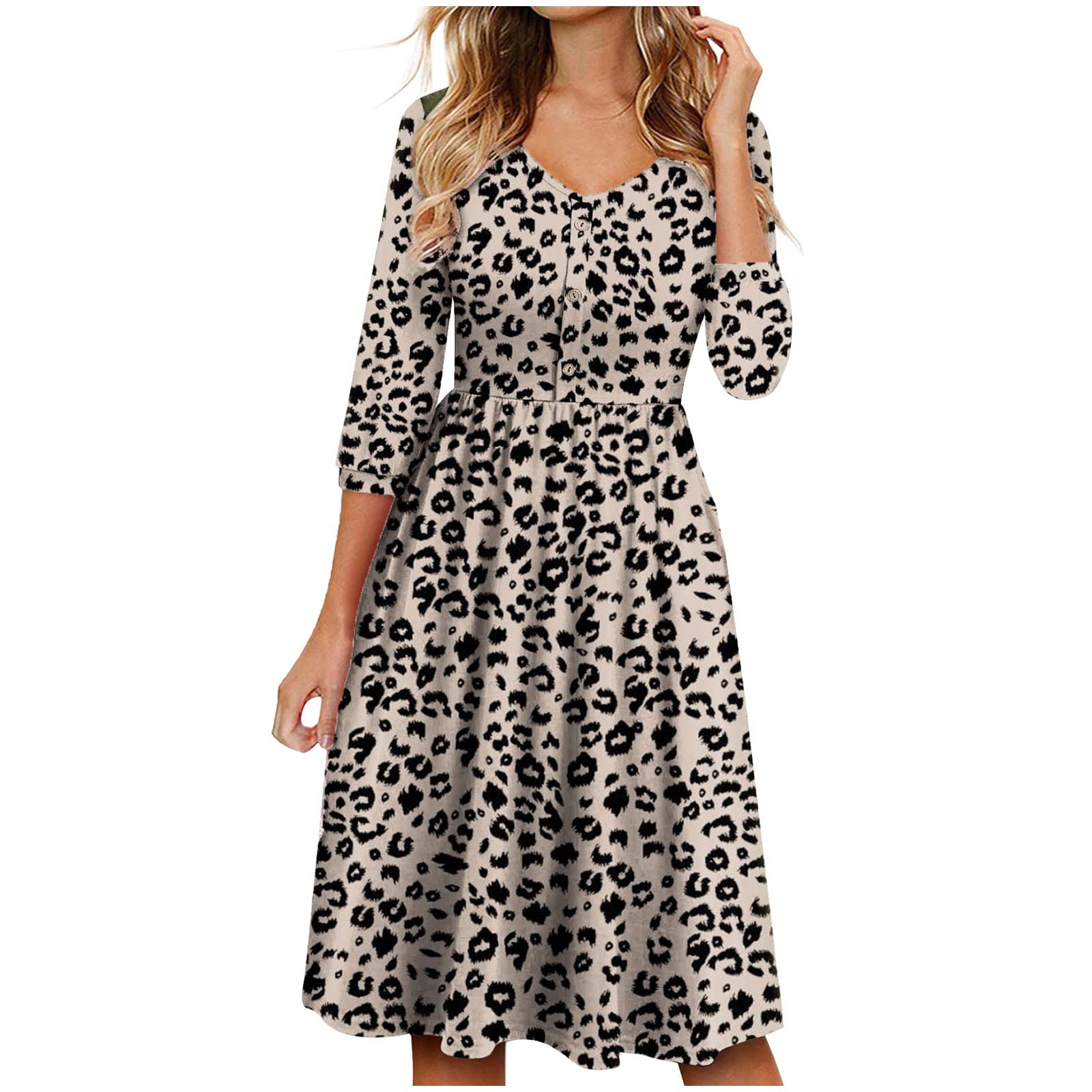 Women's V-Neck Summer Casual Leopard Print Dress with Button Pockets - T-Shirt Style Mini Dress for Beach, Vacation & Everyday Wear
