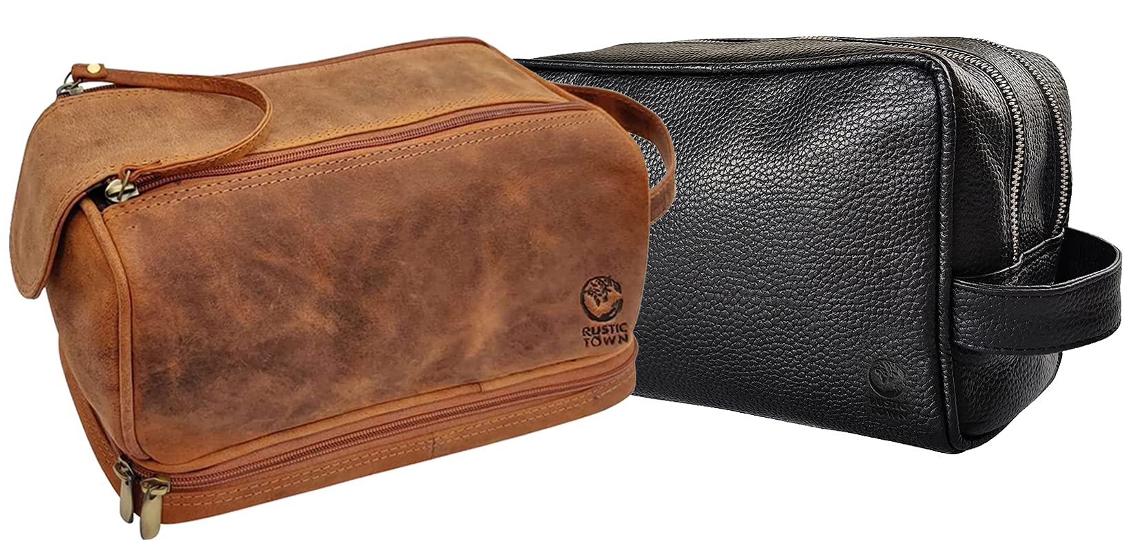 RUSTIC TOWN Genuine Leather Toiletry Bag with Zip Closure - Premium Travel Cosmetic Case for Men & Women | Perfect for Weekend Getaways, Business Trips & Grooming Essentials Organization