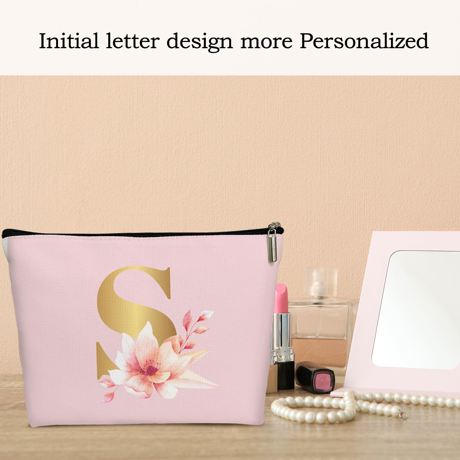 Personalized Monogram Makeup Bag for Women - Pink Initial Letter Cosmetic Pouch, Zipper Toiletry Organizer Travel Essentials Gift for Bride, Bridesmaid, Mom & Daughter (19