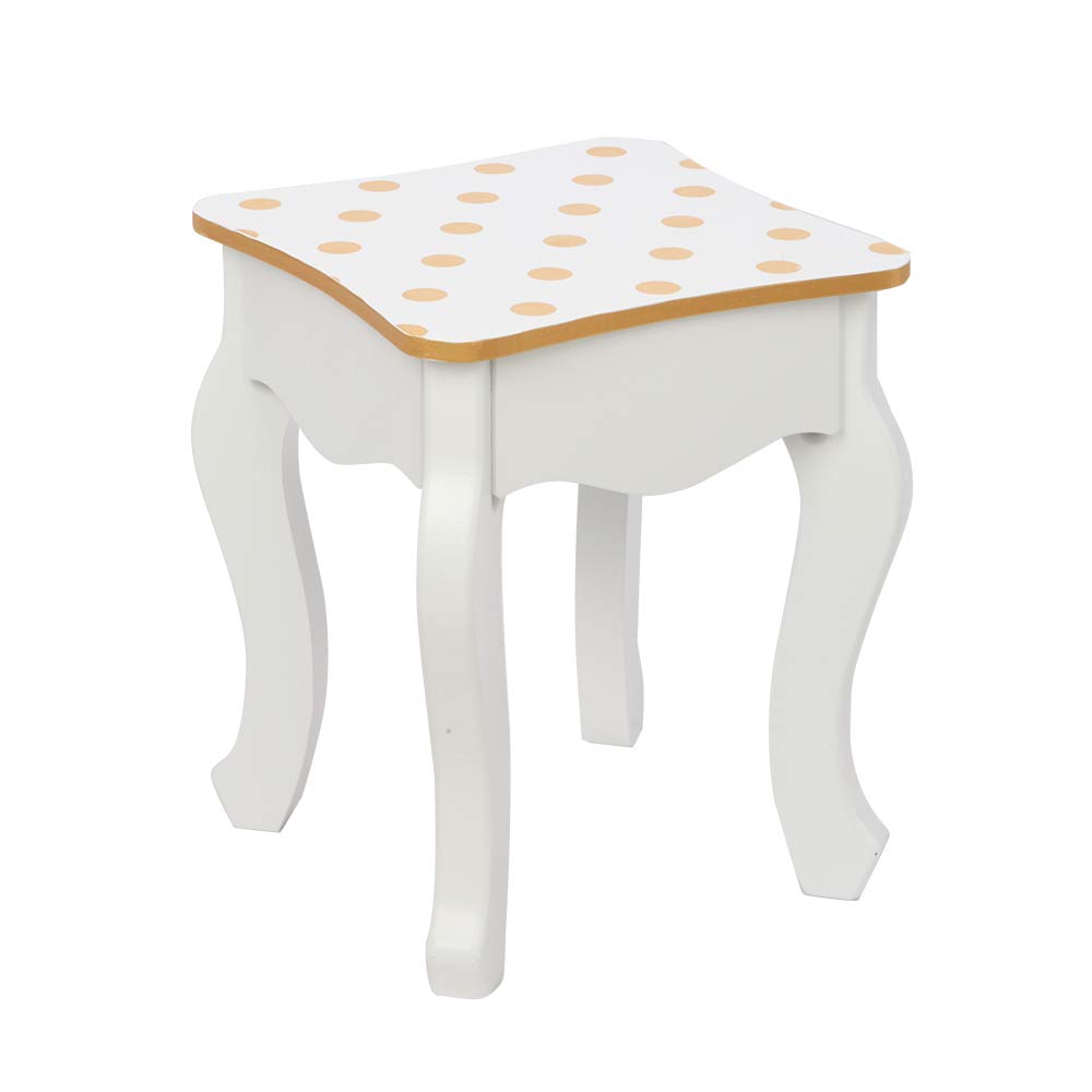 **Vanity Set for Girls - Wooden Princess Makeup Table with Cushioned Stool, Drawer & Mirror - Kids Dressing Play Set - Best Gift for Birthday & Pretend Play (Yellow Dots)**    **Use Cases:** Perfect for bedroom decor, birthday gifts, pretend play, and fostering creativity in young girls.