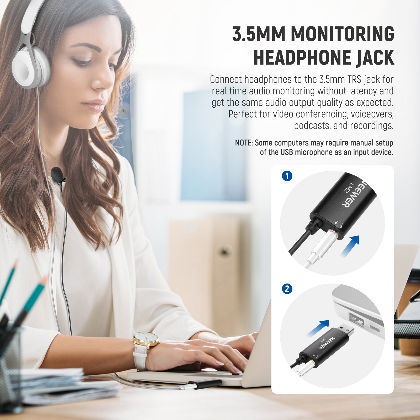NEEWER LM2 Plug & Play Omnidirectional USB Lapel Microphone with 3.5mm TRS Jack - Perfect for Podcasting, Streaming, Interviews & Online Meetings
