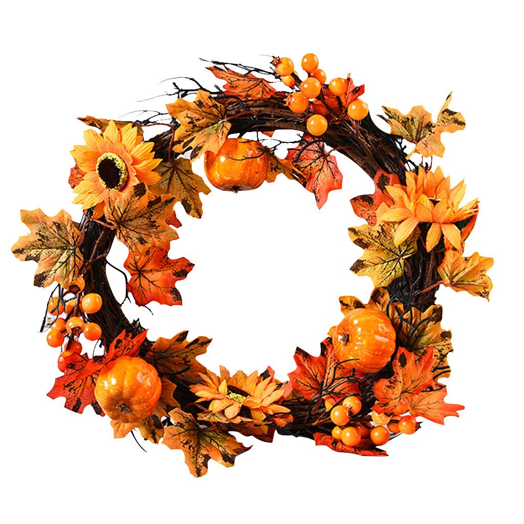 Artificial Maple Leaf Wreath with LED Lights & Timer - Christmas Autumn Berry Garland for Front Door Decor, Home Entryway, and Seasonal Gnome Display