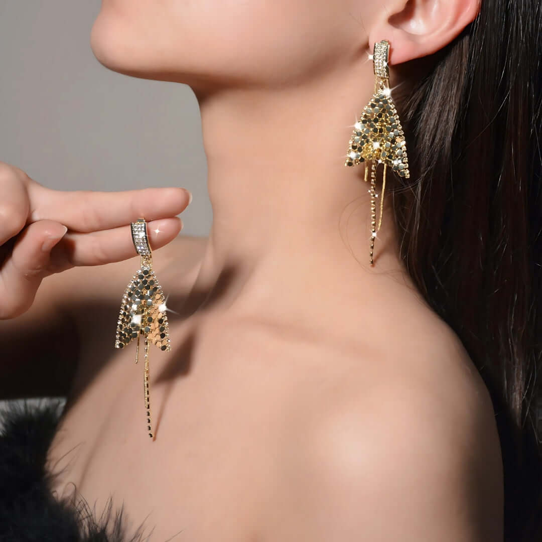2 Way Bling Sequin Fish Tail Tassel Earrings for Women | HE7994 | Fashion Jewelry for Party, Wedding & Special Occasions