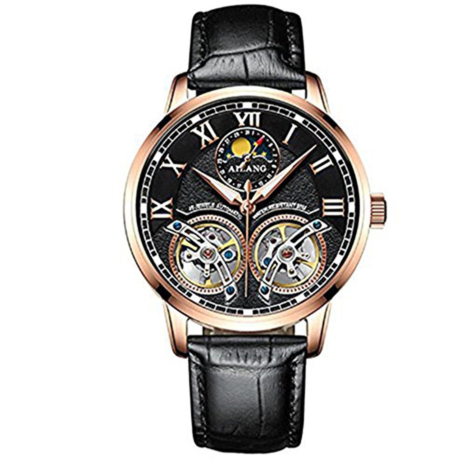 Luxury Automatic Mechanical Watch for Men - Double Tourbillon, Genuine Leather Strap, Sapphire Glass, 30M Water Resistant (Rose Black Dial) | Perfect for Business, Formal Events & Everyday Wear