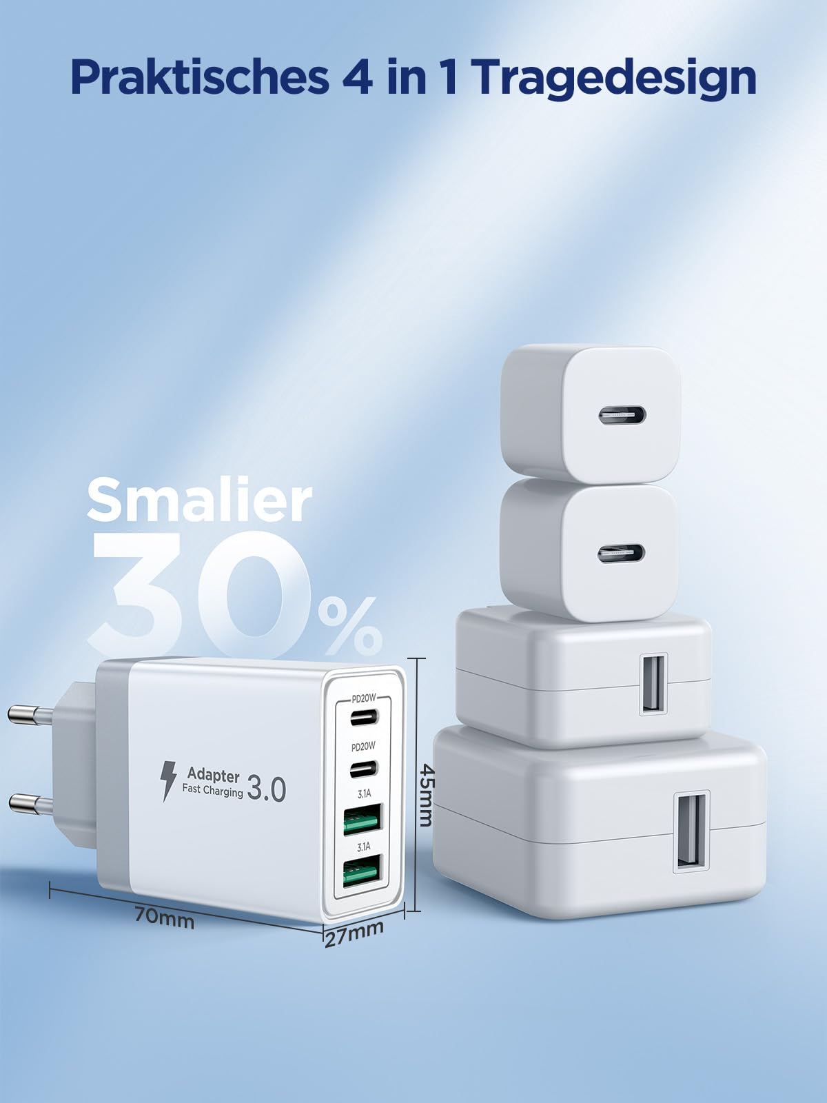 Aioneus 40W 4-Port USB C Fast Charger with PD 3.0 - Dual USB-C & USB-A Ports for iPhone 16/15/14 Pro Max/13/12/11/SE/XS/XR/8/7, Samsung Galaxy - Perfect for Home, Office & Travel Charging Multiple Devices Simultaneously