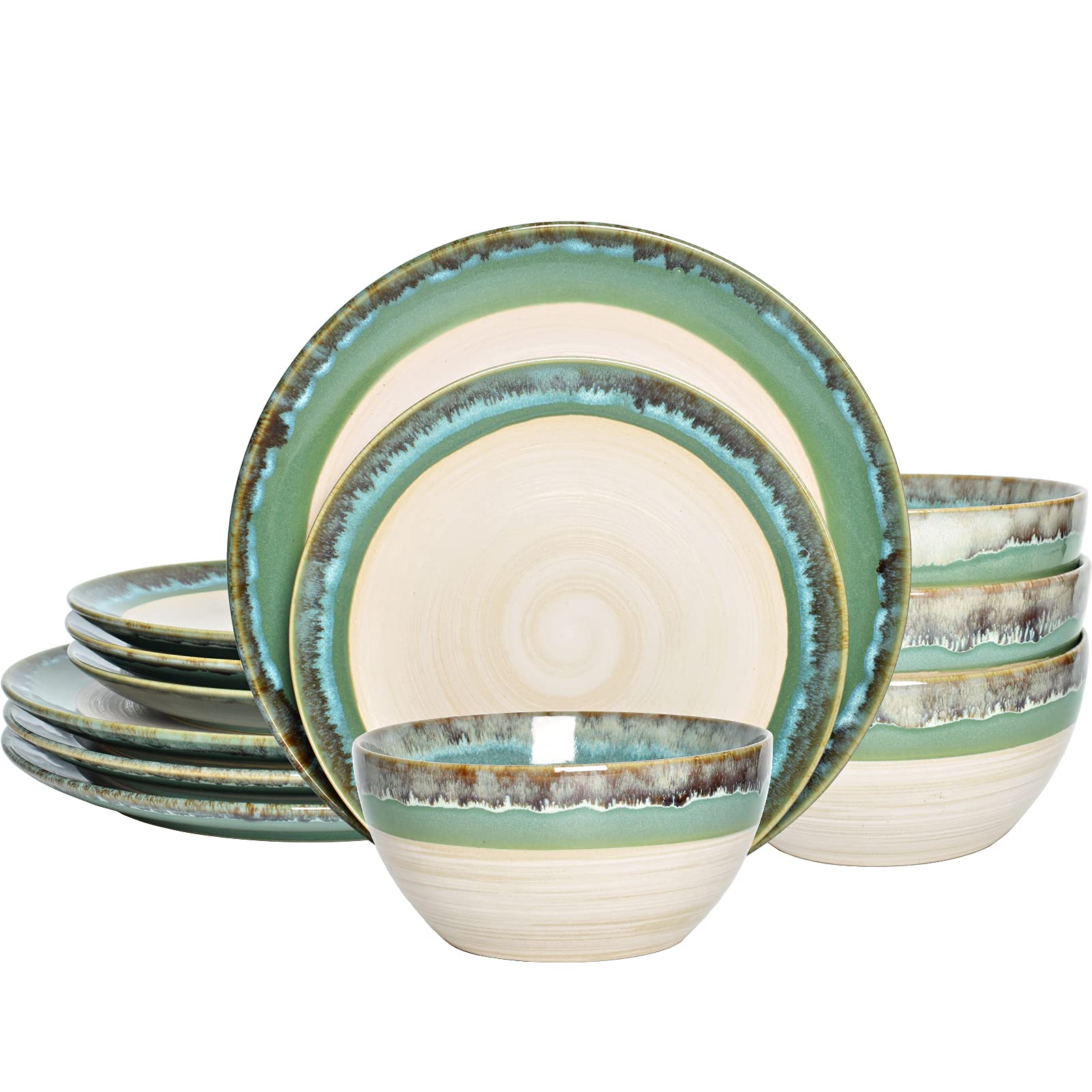 Bosmarlin 12-Piece Stoneware Dinnerware Set for 4 - Microwave & Dishwasher Safe Ceramic Plates & Bowls with Reactive Turquoise Green Glaze | Elegant Table Setting for Family Dinners & Entertaining