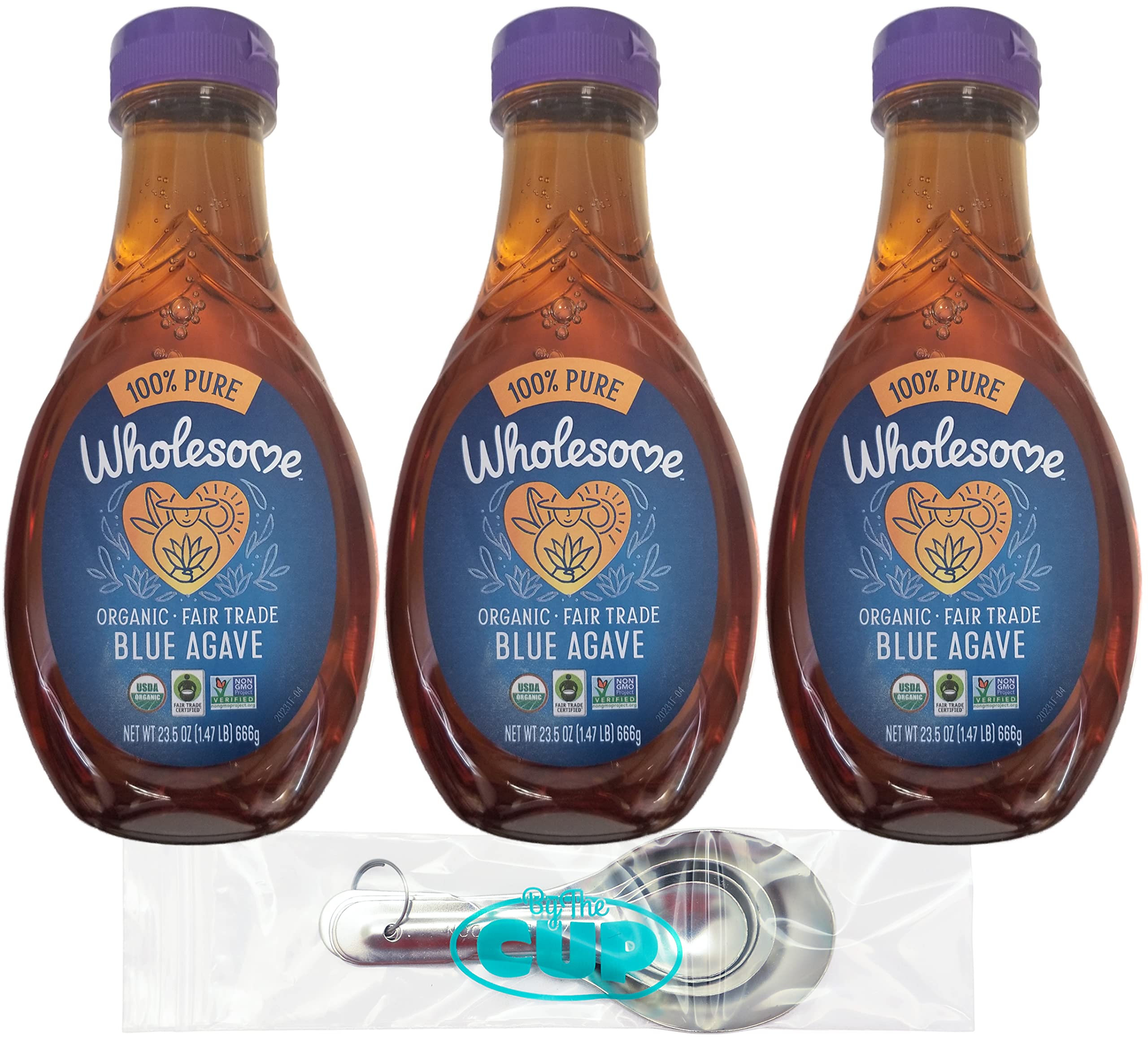 Organic Blue Agave Nectar Syrup - Low Glycemic Natural Sweetener, Gluten Free, Non-GMO, 23.5 fl oz (Pack of 3) with Measuring Spoons - Perfect for Coffee, Tea, Baking & Healthy Recipes