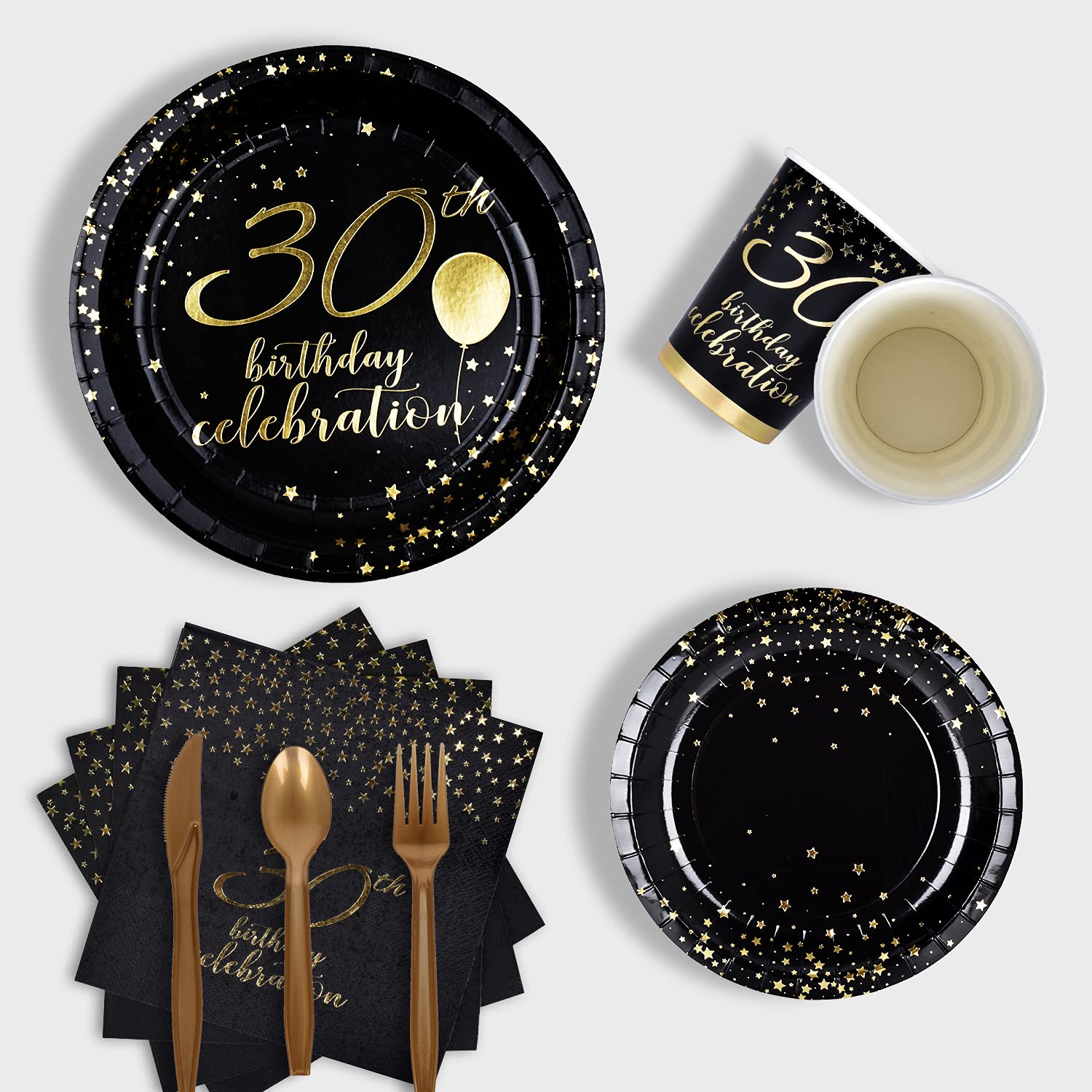 Gatherfun 30th Birthday Party Supplies Set - 30 Disposable Paper Plates, Napkins, Cups, Cutlery & Tablecloth - Black & Gold Decorations for Men & Women (Serves 25) - Perfect for Milestone Birthdays, Anniversary Celebrations & Themed Parties