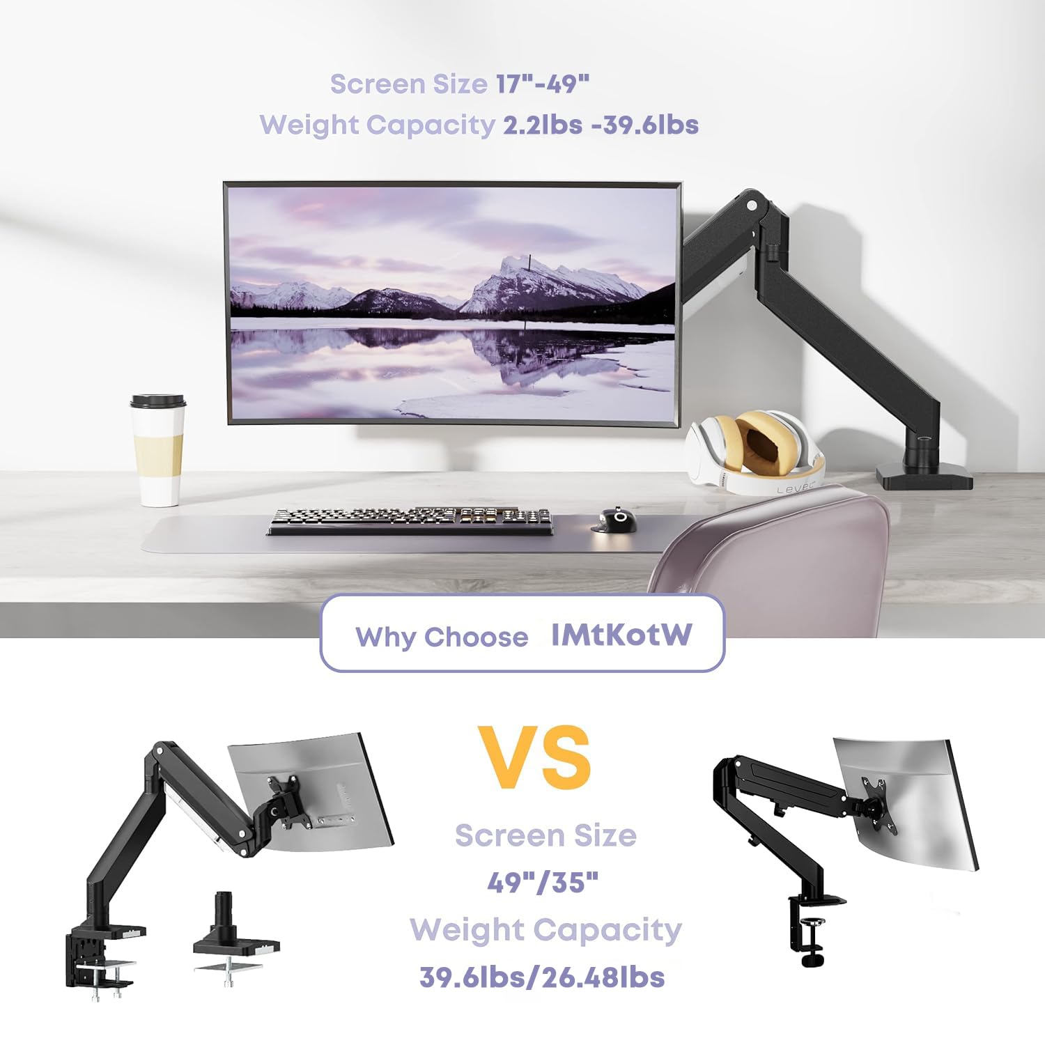 Premium Heavy Duty Monitor Arm for Ultrawide Screens up to 49 Inch & 39.6lbs - Ergonomic Aluminum Single Desk Mount Stand with Gas Spring, VESA 75x75/100x100 - Perfect for Home Office, Gaming & Workspace Setup