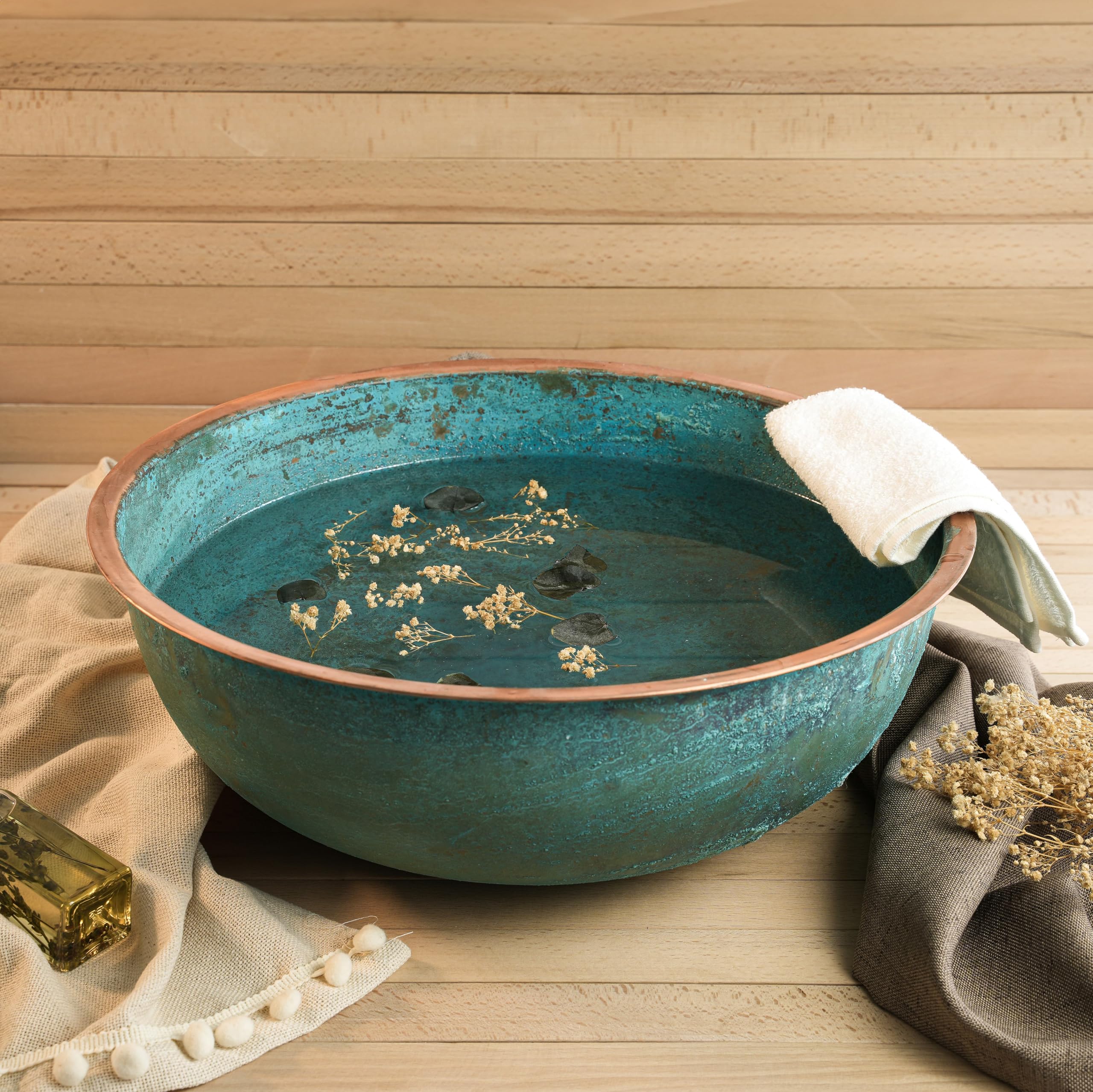 Handmade Hammered Copper Pedicure Bowl - 20 Inch Large Portable Foot Soaking Basin for Spa & Home Relaxation | 100% Pure Solid Copper with Natural Green Patina Finish | Perfect Gift for Self-Care, Pedicures & Luxury Bath Experiences