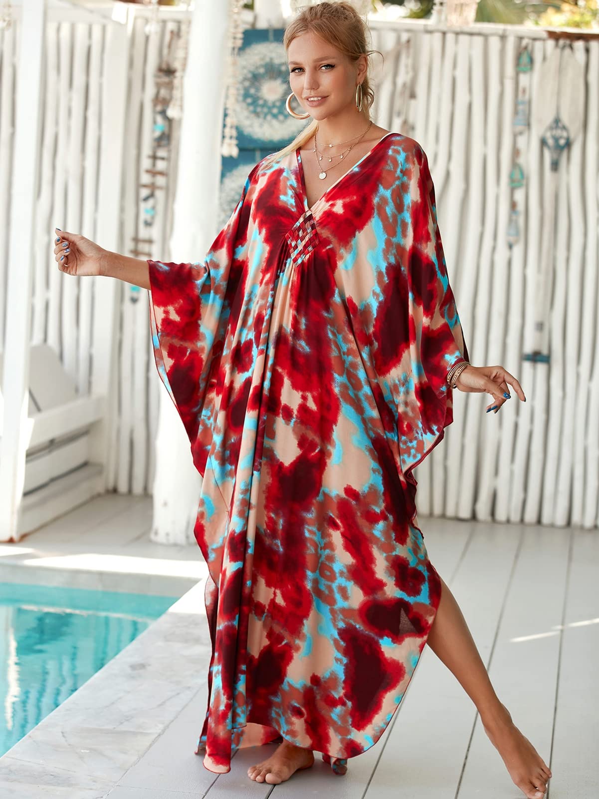 RanRui Women's Plus Size Floral Kaftan Dress with Wave Neck - Boho Chic Muumuu Beach Cover Up for Summer Vacation, Pool Party & Lounge Wear