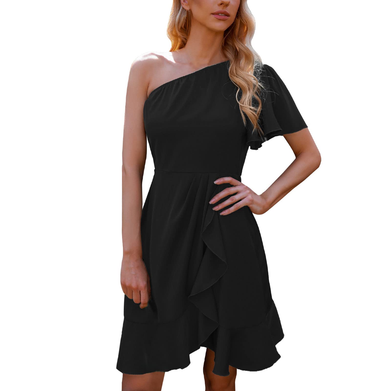 Women's One Shoulder Short Sleeve High Waist A-Line Ruffle Wrap Mini Dress - Casual Summer T-Shirt Dress for Women (Black, XL) - Perfect for Beach Outings, Date Nights & Weekend Brunch