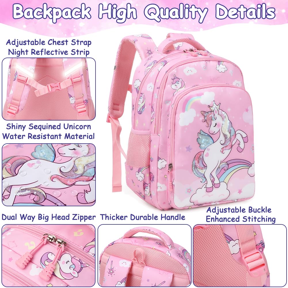Cute Unicorn Backpack for Girls - Water Resistant Elementary School Bookbag Set with Pencil Case - Perfect for School, Travel & Daily Use