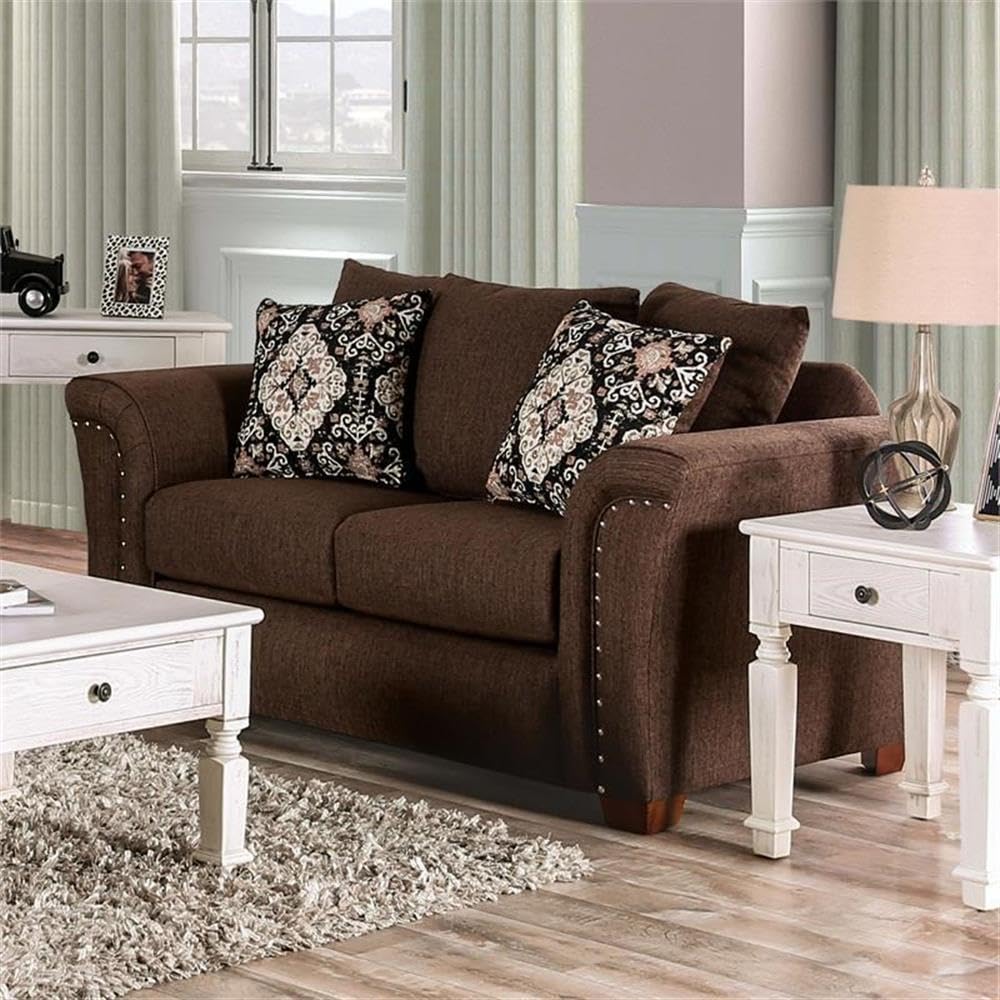 Furniture of America Jaqui Transitional Fabric Nailhead Loveseat in Chocolate Brown - Perfect for Living Rooms, Home Theaters & Cozy Reading Nooks