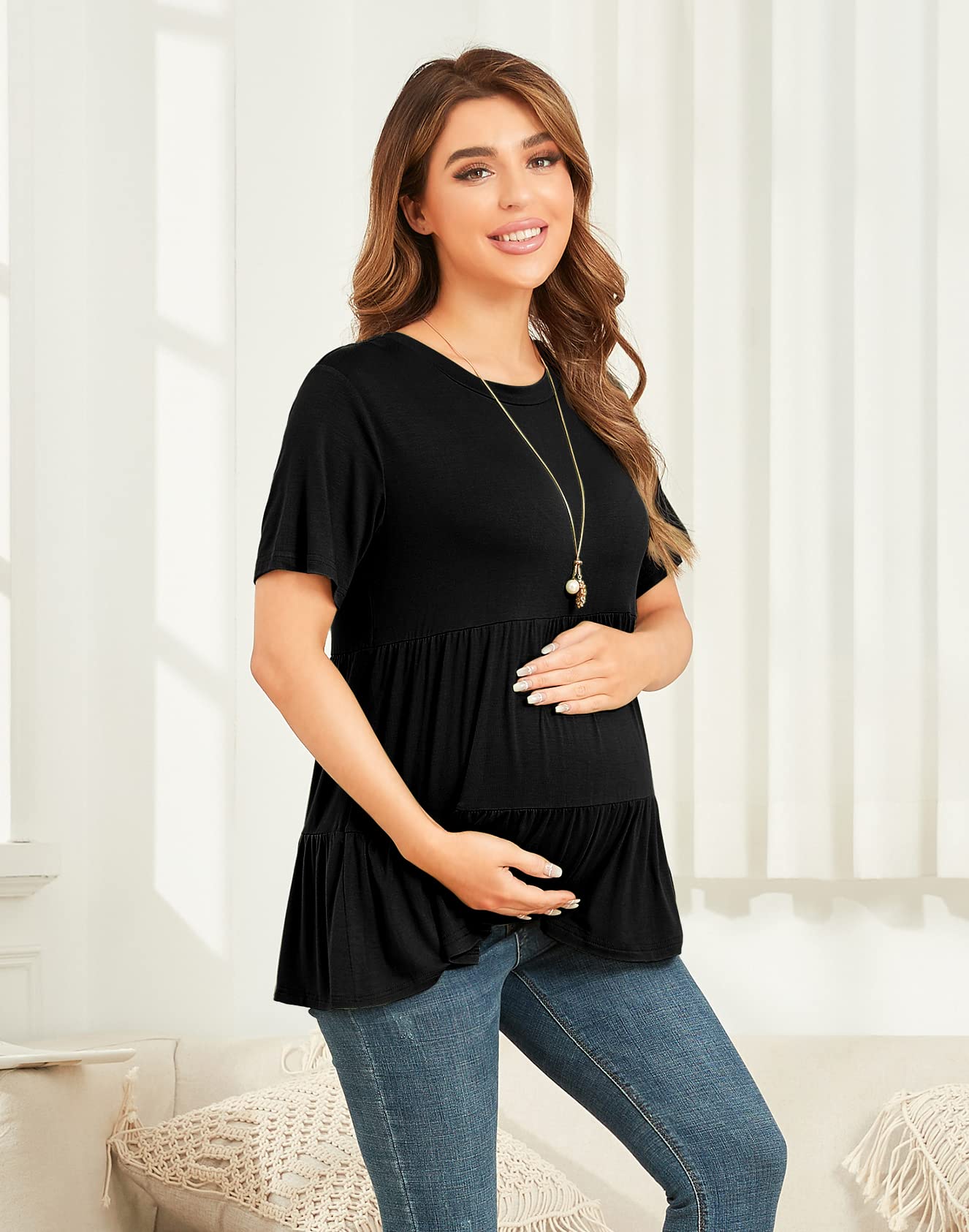 Xpenyo Women's Maternity Tops - Long Sleeve Pregnancy Shirts, Fall 2024 Fashion Crew Neck Tunic Blouse for Casual & Dressy Wear | Perfect for Office, Maternity Photos & Everyday Comfort