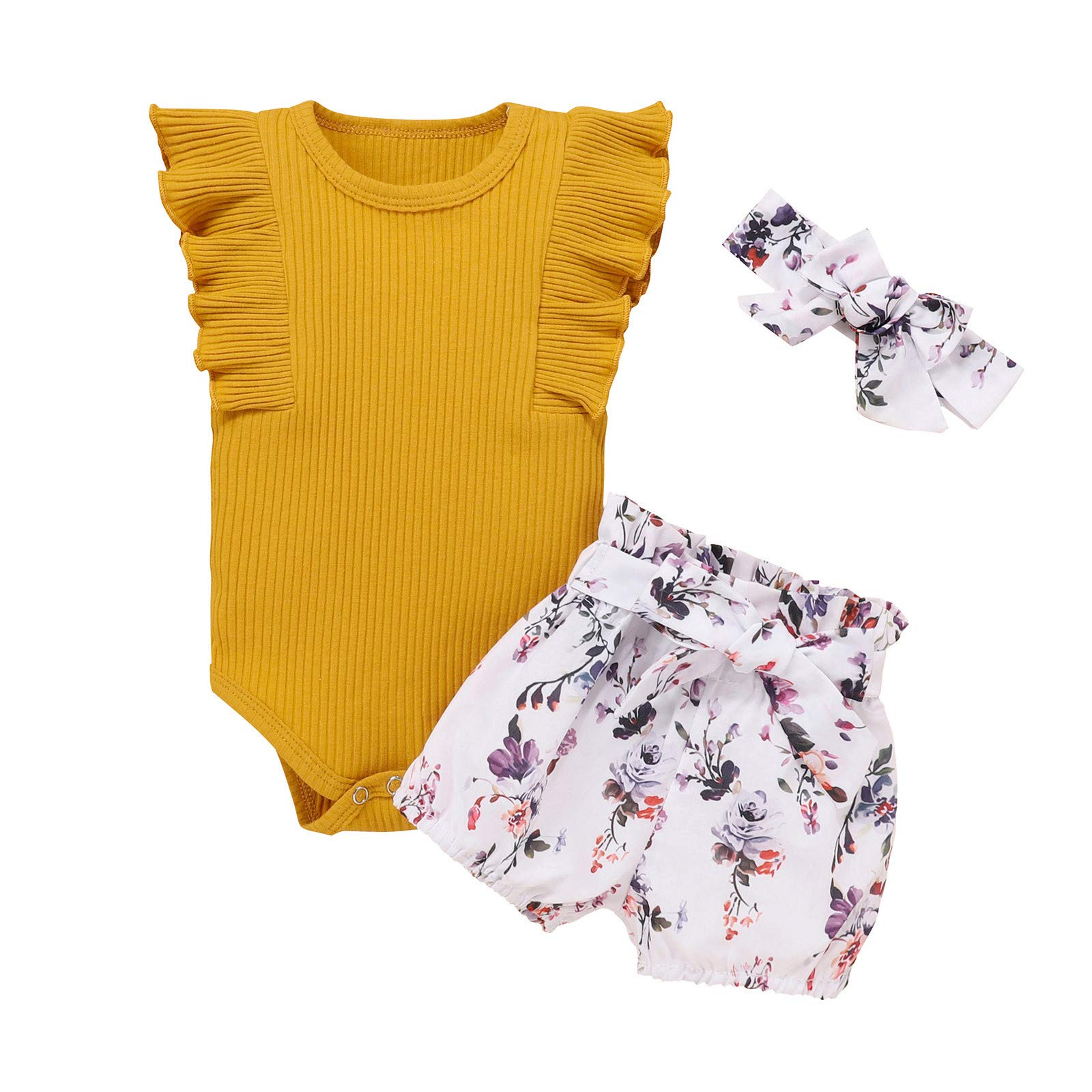 XIMIN Girls Floral Ruffle Top & Shorts Outfit Set with Headband - Cute Toddler Baby Clothes for Summer Playdates, Birthday Parties & Family Photos