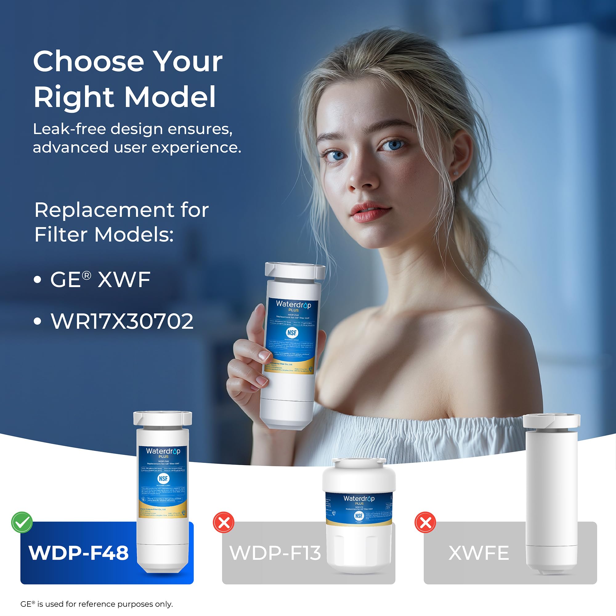 GE XWF Refrigerator Water Filter Replacement (WR17X30702) - 3 Pack, NSF 401, 53 & 42 Certified - Compatible with GDE25, GFE26, GNE25, GNE27, GYE18 Models - Waterdrop Plus XWF Filter for Clean Drinking Water & Ice Making
