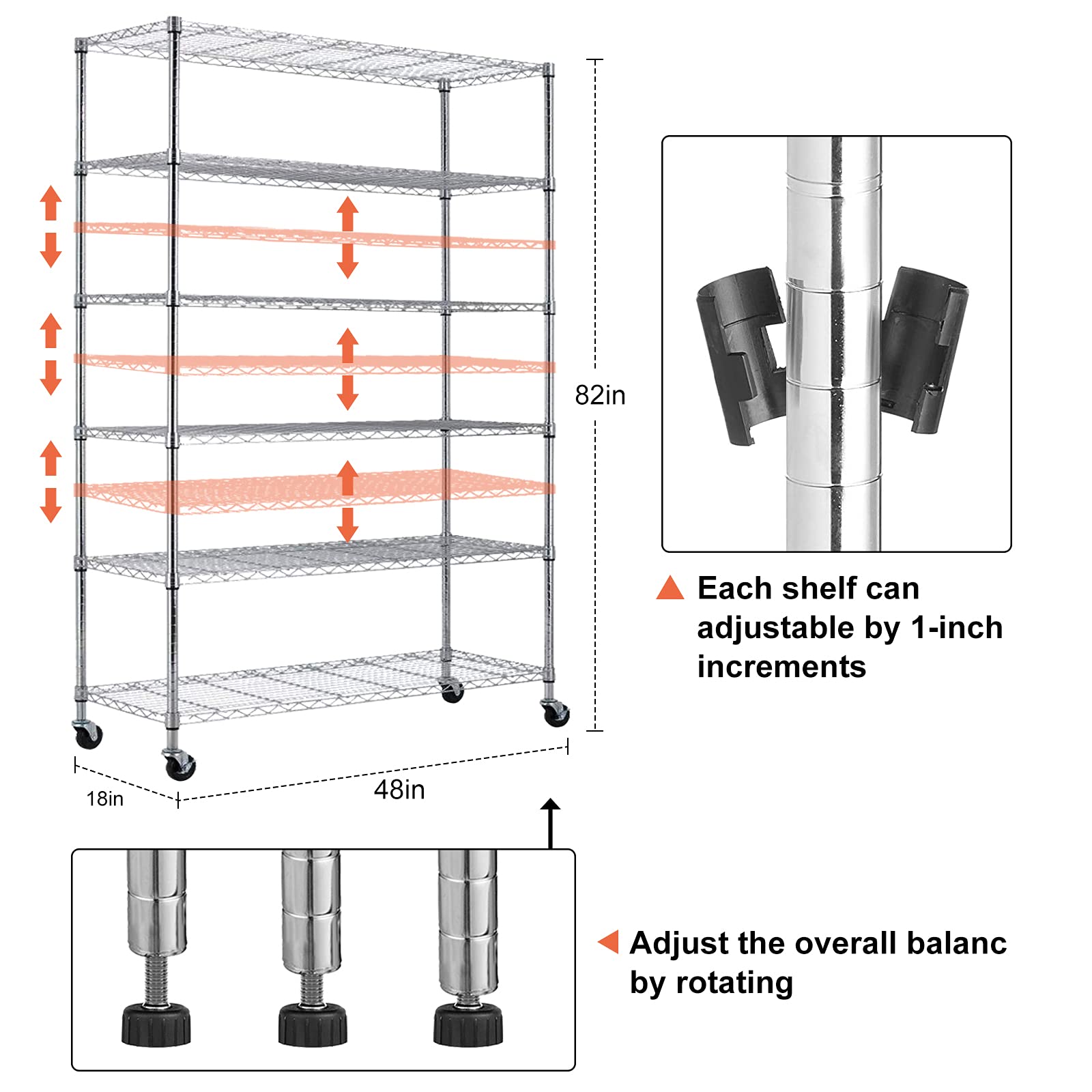 Heavy Duty 6-Tier Adjustable Metal Shelving Unit with Wheels - 2100LBS Capacity, NSF Certified for Kitchen & Garage - 82