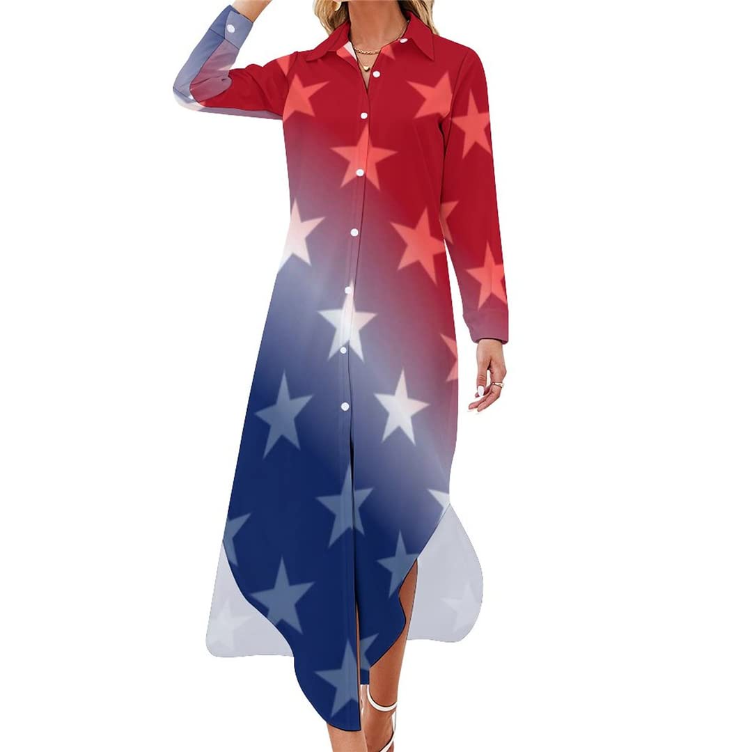 Patriotic Red White Blue Stars Long Sleeve Casual Dress - Korean Fashion Oversized Graphic Dress for Women | Perfect for 4th of July, Independence Day & Summer Outfits