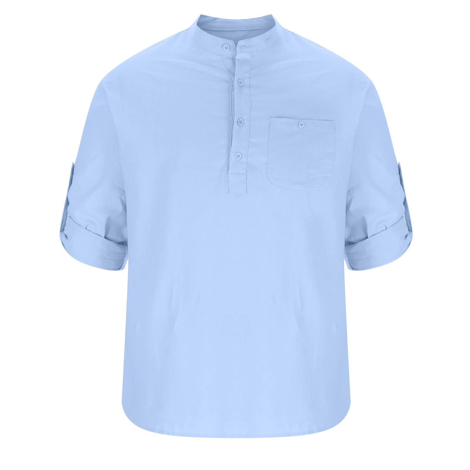 Men's Cotton Linen Button-Up Shirt - Long Sleeve Stand Collar Pullover Top for Casual Wear, Beach Outings & Daily Use | Breathable Summer Blouse for Dad Fashion
