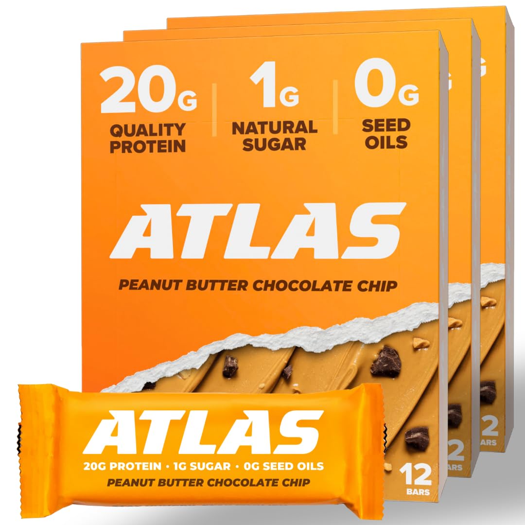 Atlas Protein Bar - High Protein 20g, Low Sugar 1g, Gluten Free & Clean Ingredients - Peanut Butter Chocolate Chip Flavor (12 Bars, Pack of 3) - Perfect for Post-Workout Recovery, Healthy Snacking & On-the-Go Nutrition