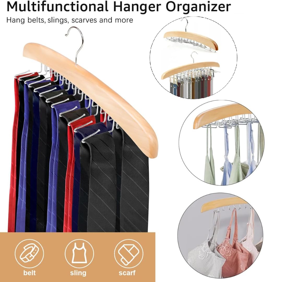 Premium Wooden Tie Hanger Rack – 360° Rotating Tie Organizer with 24 Folding Hooks (2 Pack) | Space-Saving Closet Storage for Men's Ties, Belts & Scarves | Perfect for Home, Office & Travel Organization