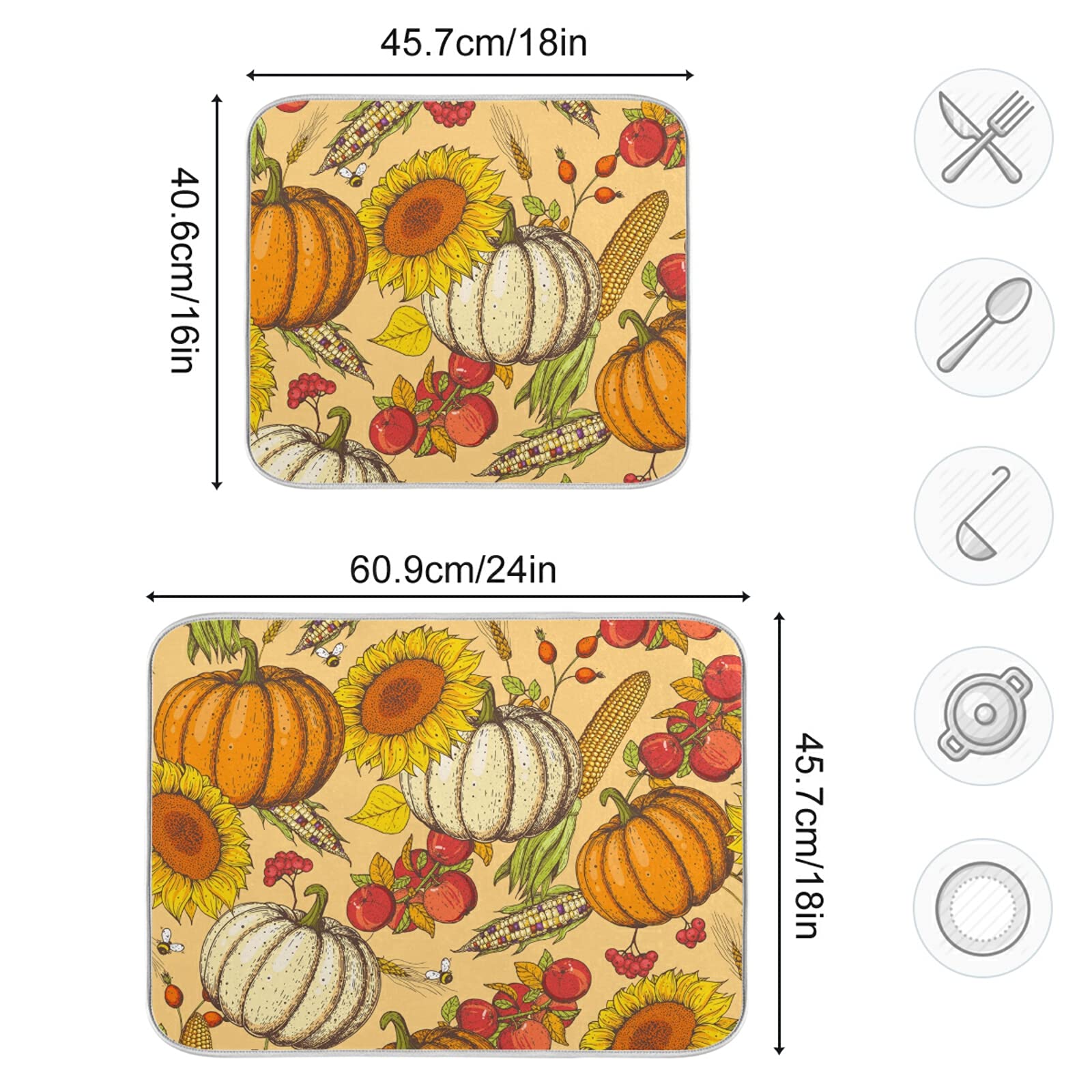 Pumpkin Dish Drying Mat 18x24 Inch - Absorbent Kitchen Counter Mat for Dishes & Utensils