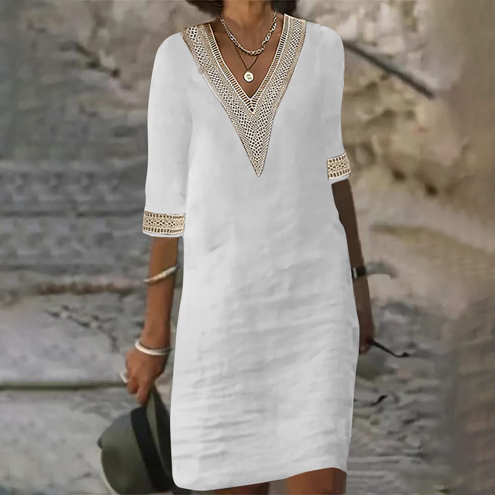 AMhomely Women's Summer Cotton Linen Midi Dress - Sleeveless V-Neck Beach Dress, Casual Straight Cut One Size - Perfect for Beach Vacations, Summer Outings & Casual Wear