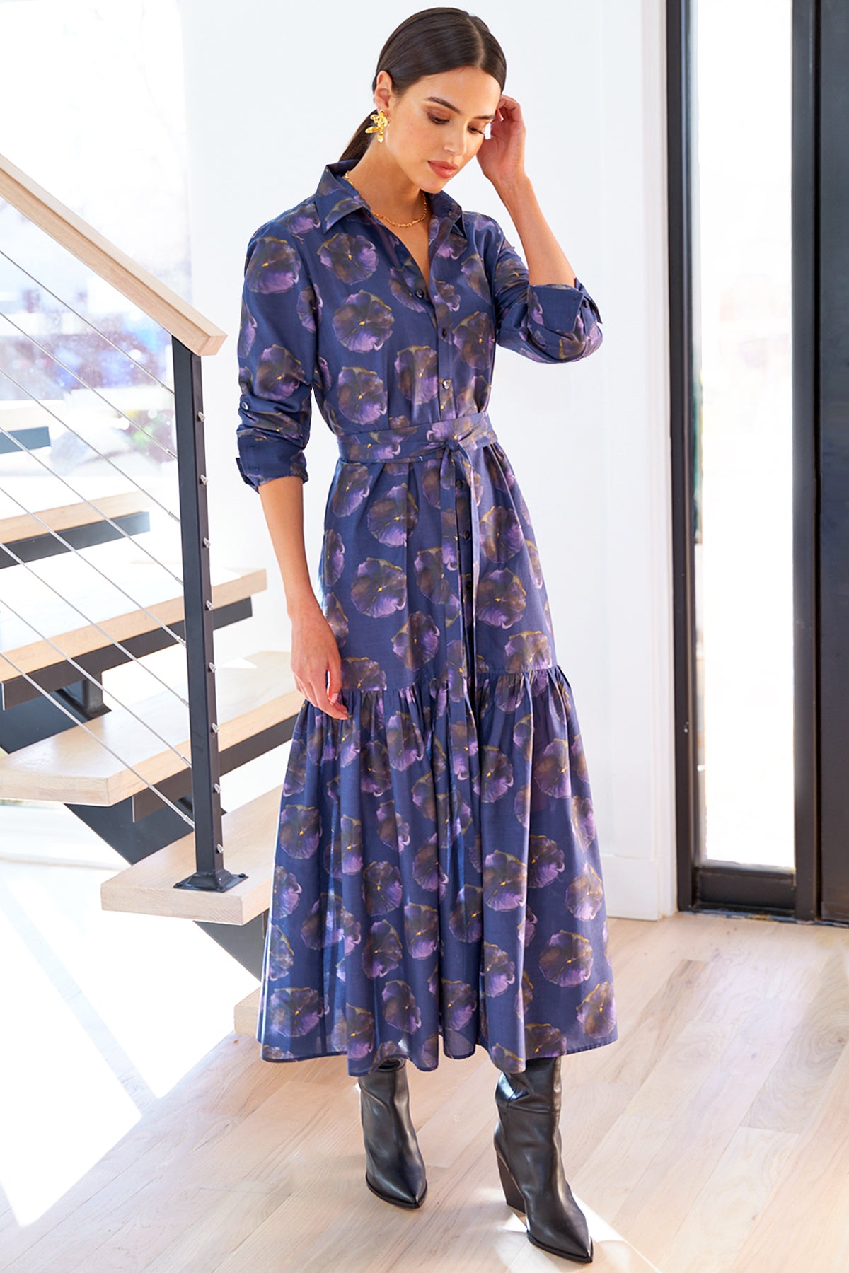 Trisha Maxi Tie Front Shirt Dress - Olive Watercolor Pansy Print Flowy Long Sleeve Women's Dress for Casual Wear, Office & Spring Outfits