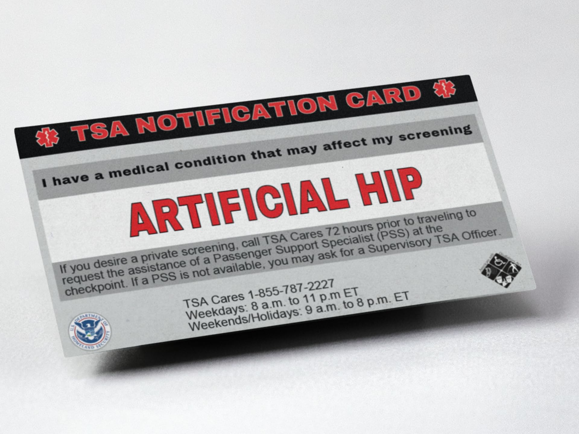 TSA Notification Card for Hip Replacement - 4 Pack | Artificial Hip Implant Air Travel Wallet | Ideal for Airport Security & Travel Convenience