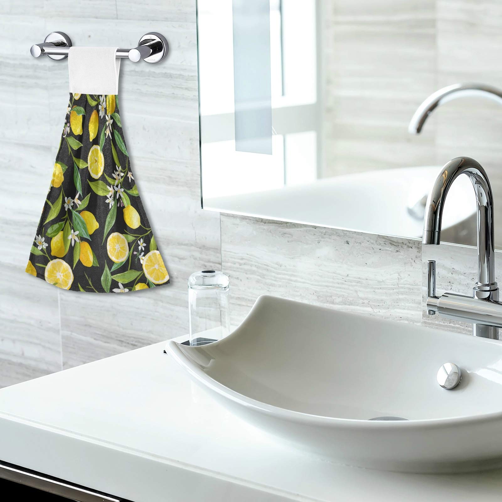 Lemon Flower Print Kitchen Hand Towels - 2 Pack Absorbent Cotton Hanging Towels with Loops for Bathroom, Kitchen & Home Decor | Fruit & Floral Leaves Design